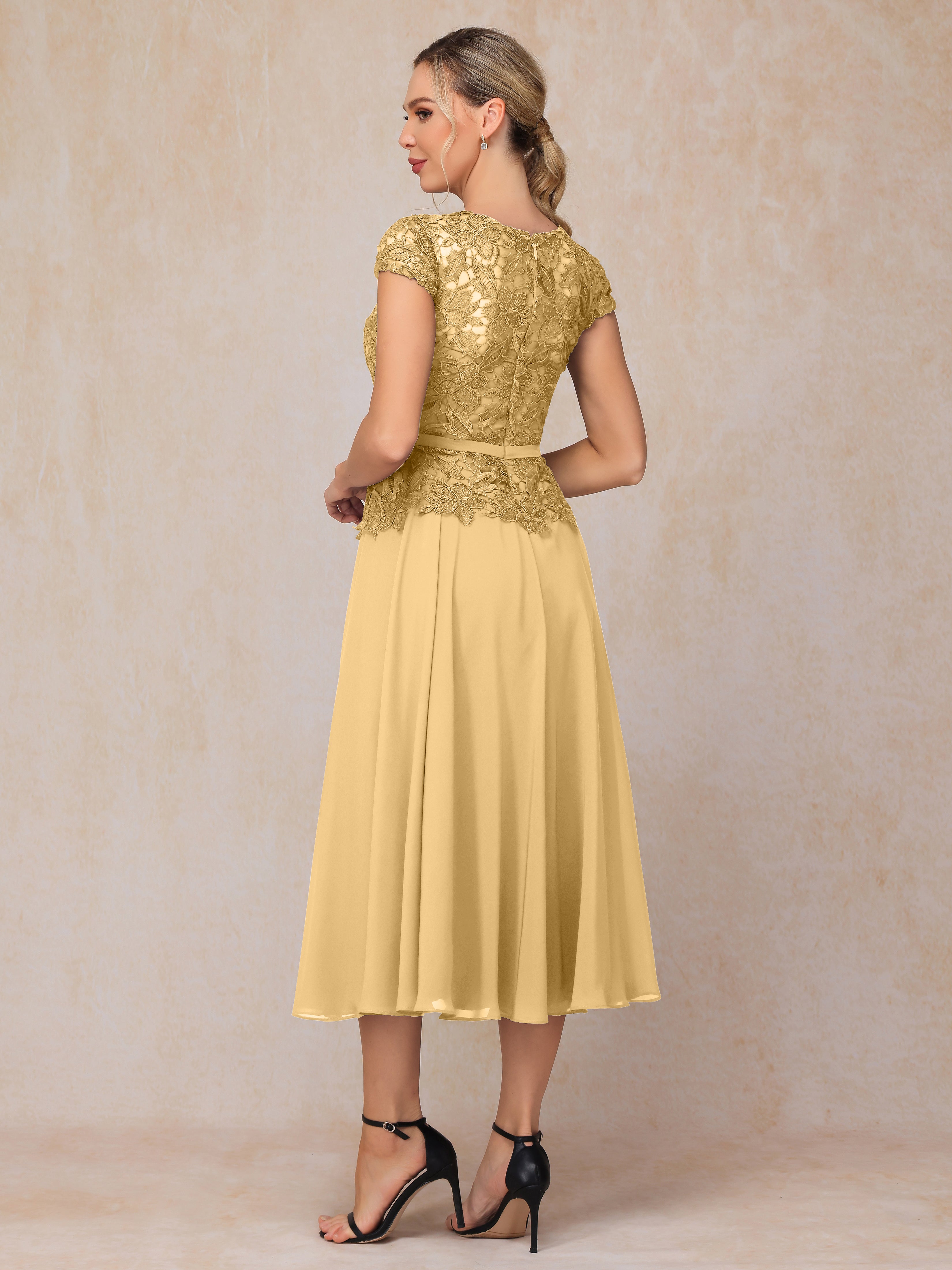 Cap Sleeves Tea Length Chiffon Mother Of The Bride Dress