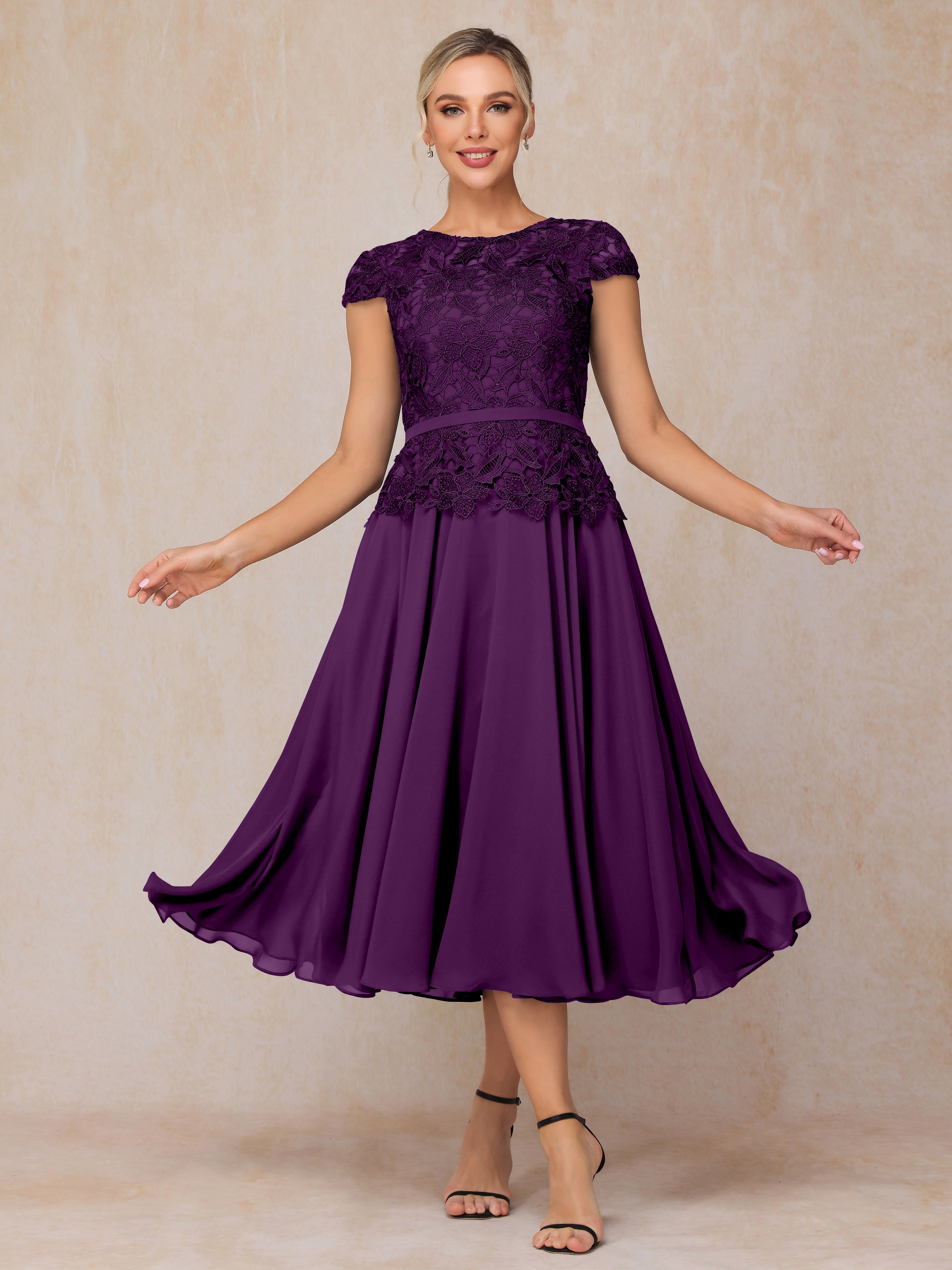 Cap Sleeves Tea Length Chiffon Mother Of The Bride Dress