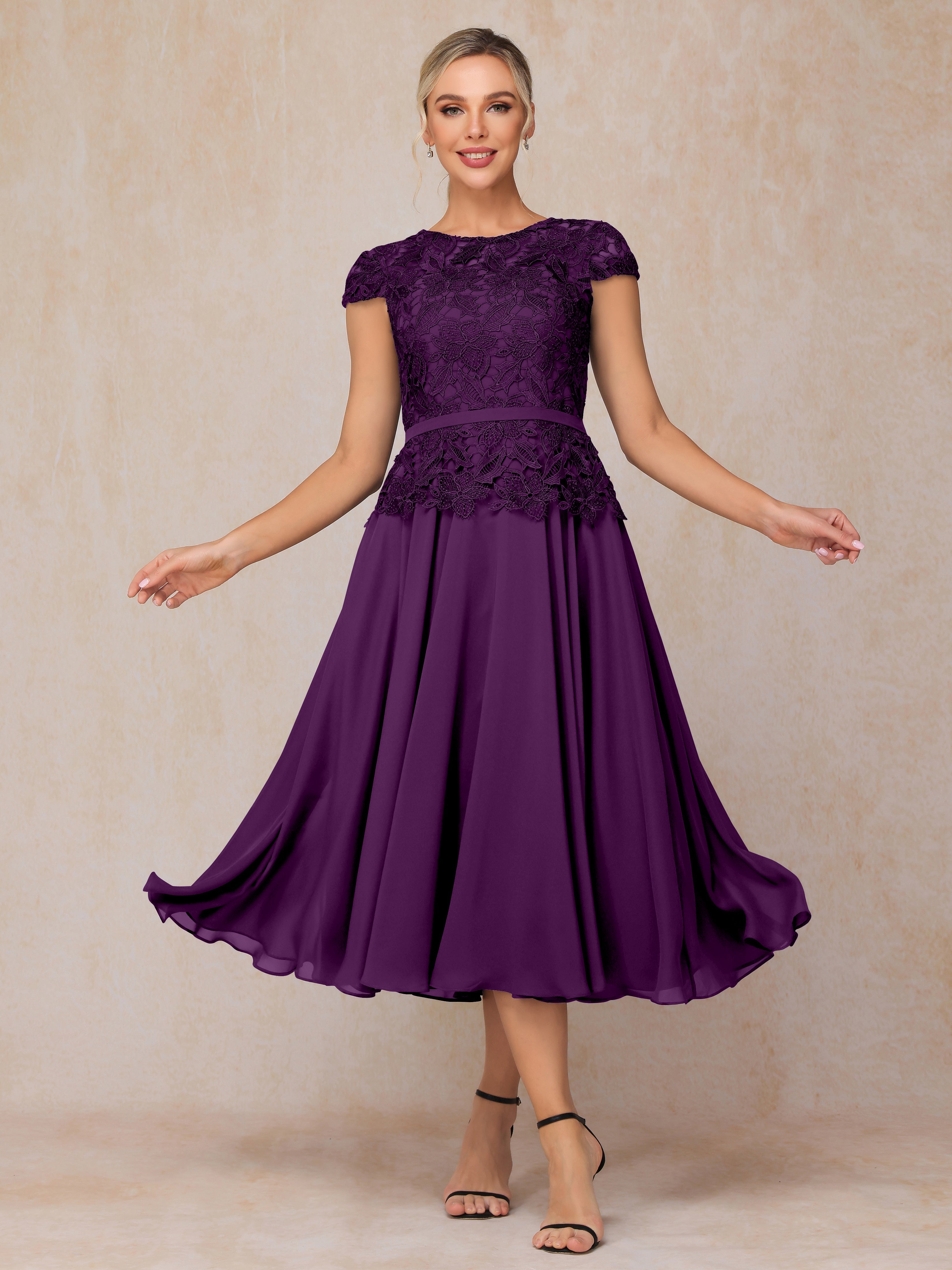 Cap Sleeves Tea Length Chiffon Mother Of The Groom Dress