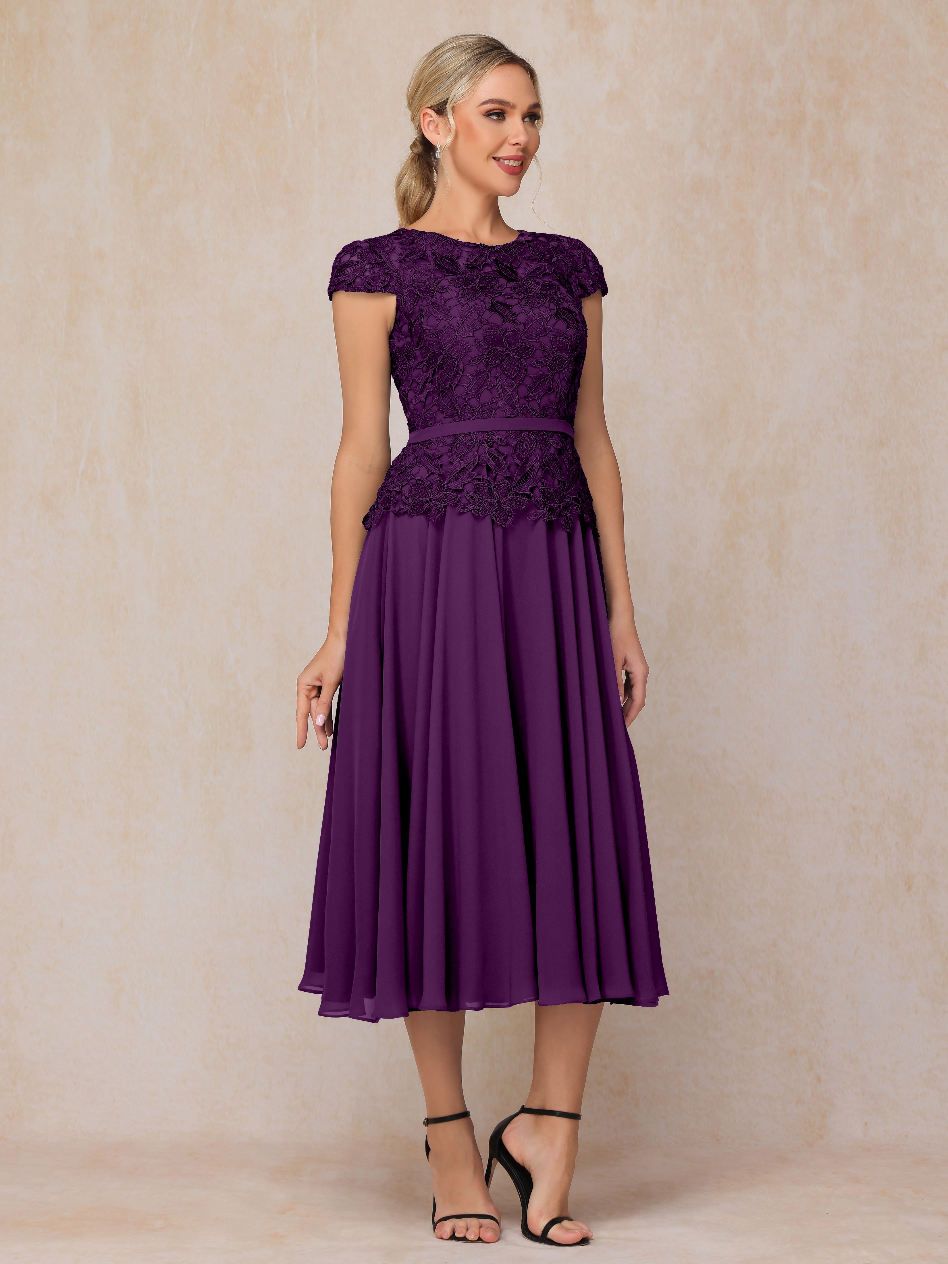 Cap Sleeves Tea Length Chiffon Mother Of The Bride Dress