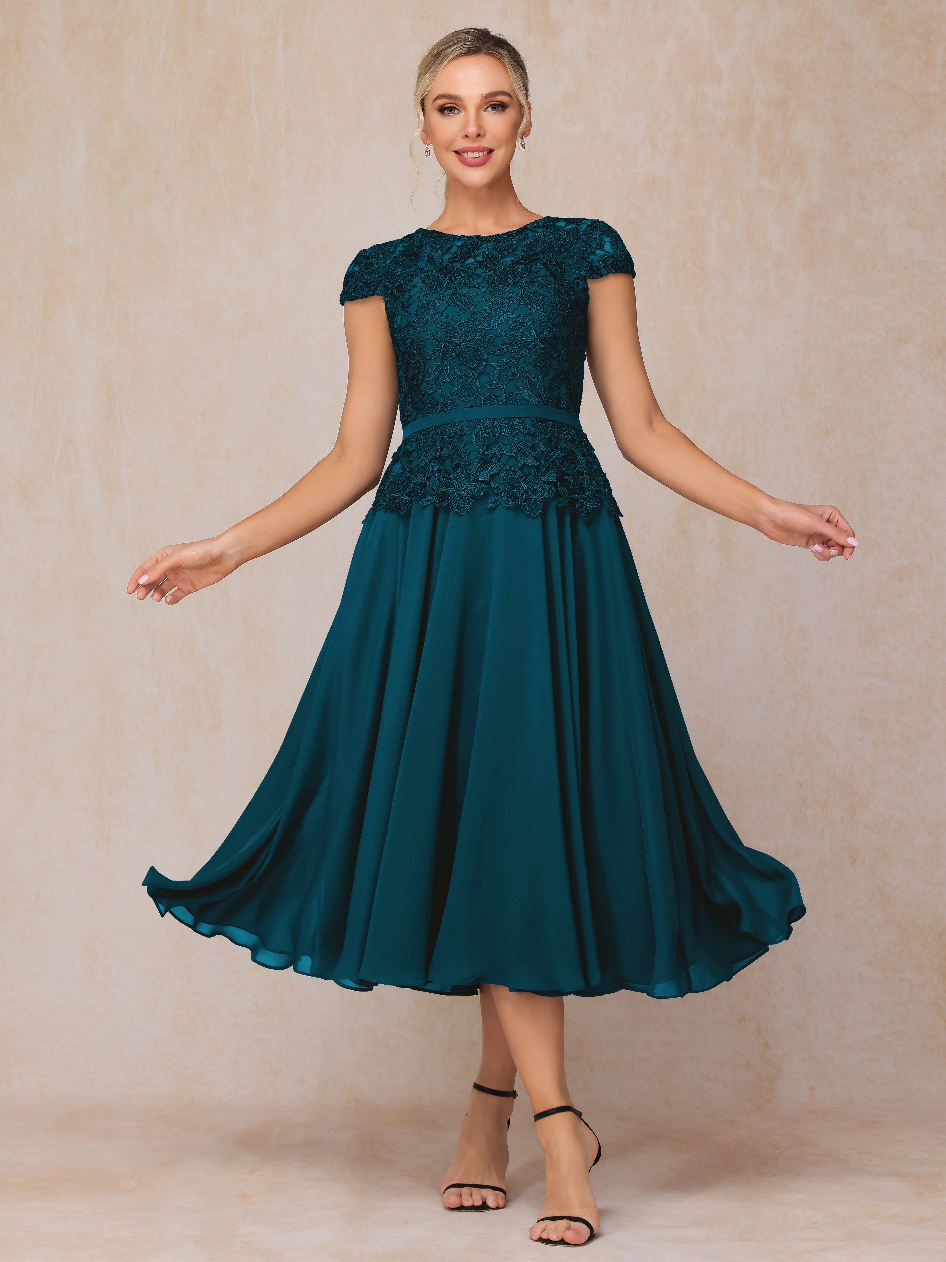 Cap Sleeves Tea Length Chiffon Mother Of The Bride Dress