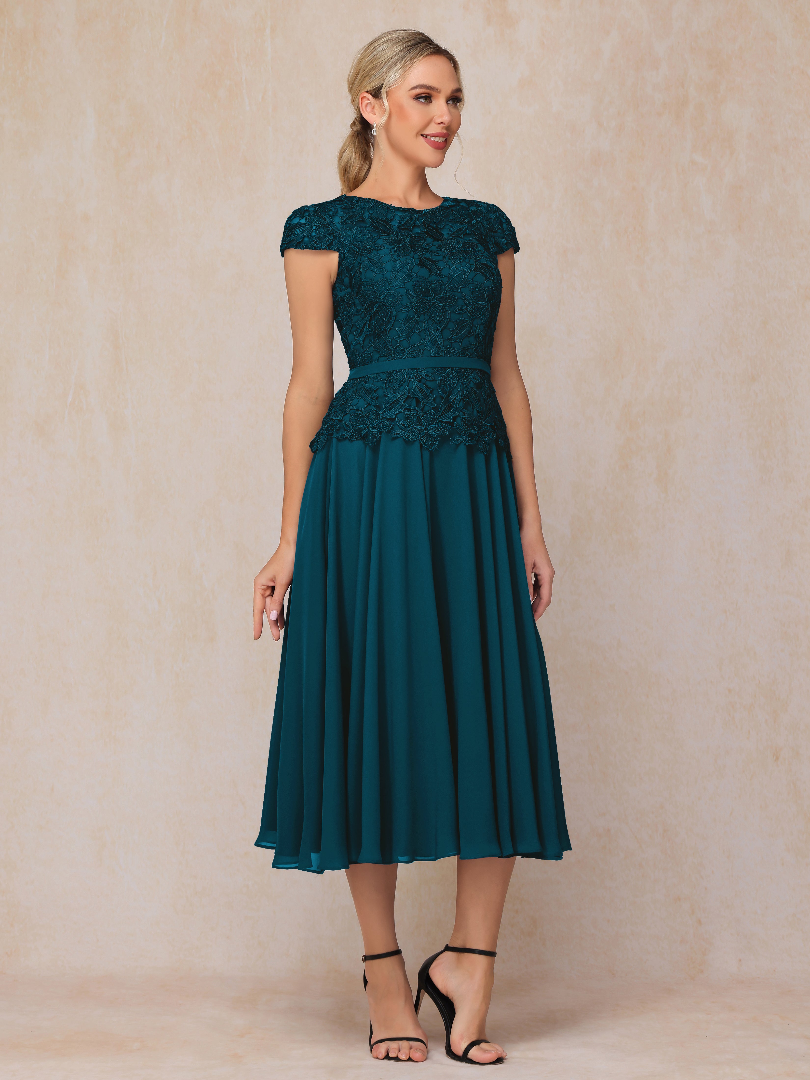 Cap Sleeves Tea Length Chiffon Mother Of The Bride Dress