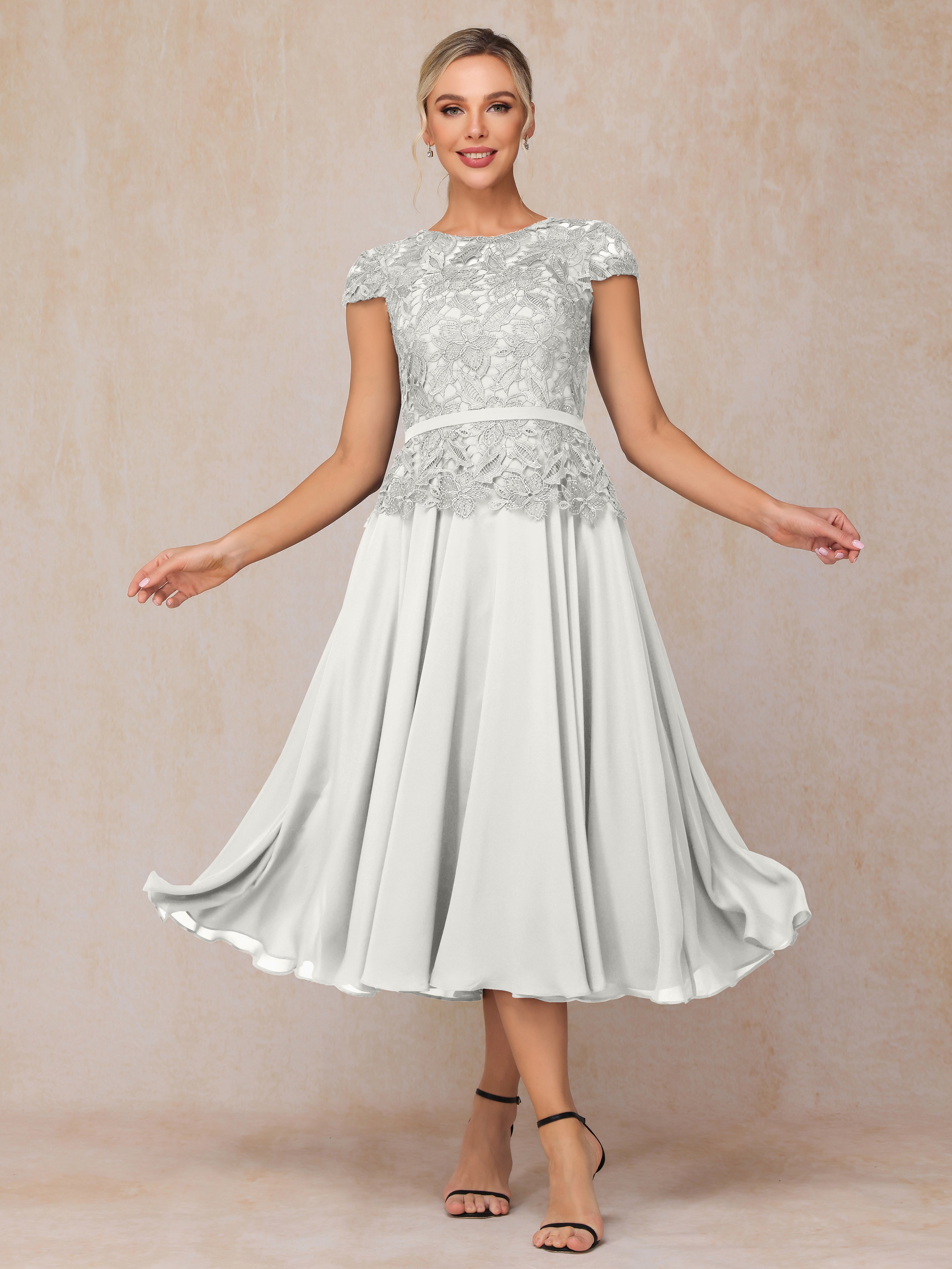 Cap Sleeves Tea Length Chiffon Mother Of The Bride Dress