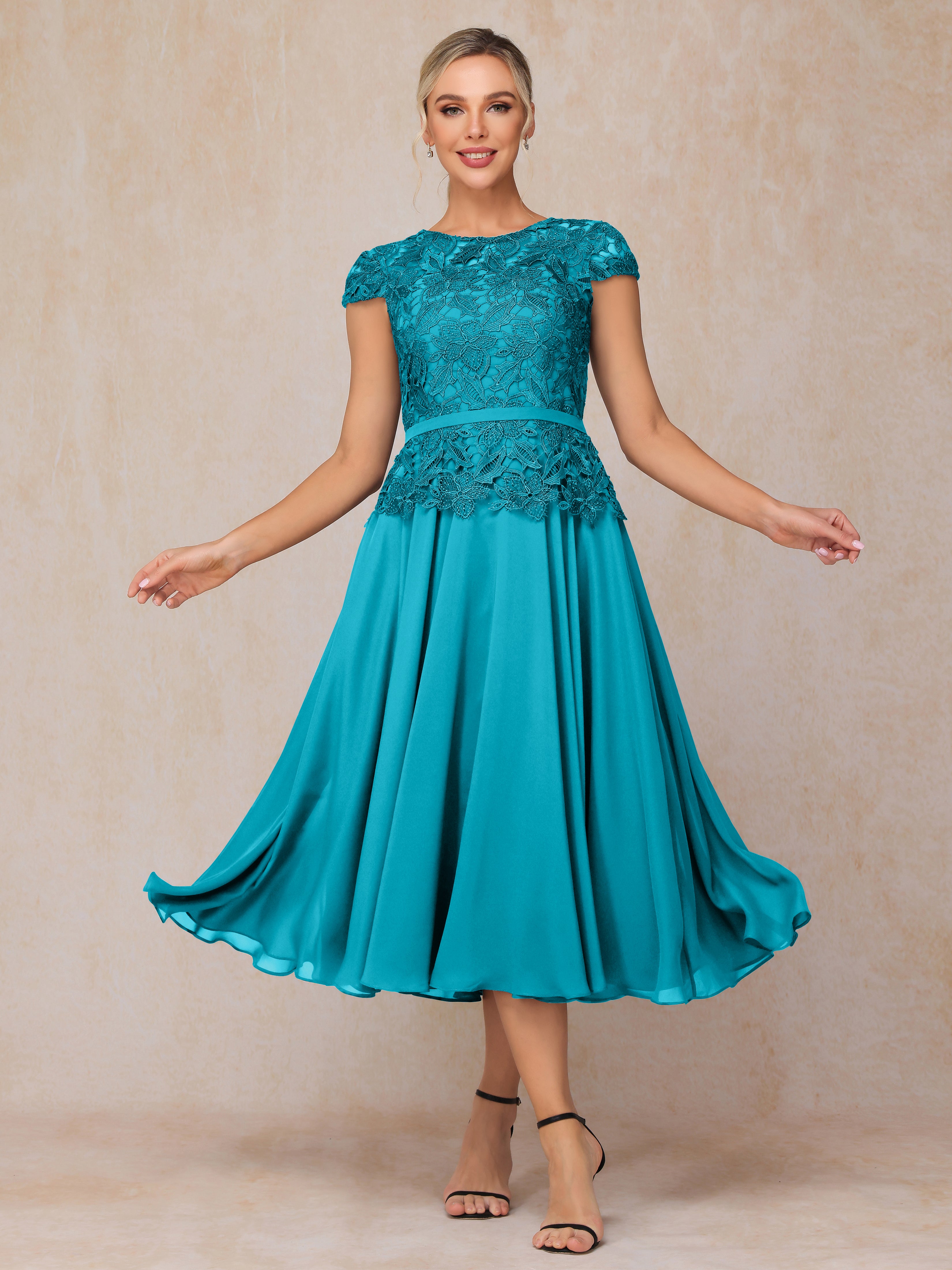 Cap Sleeves Tea Length Chiffon Mother Of The Bride Dress