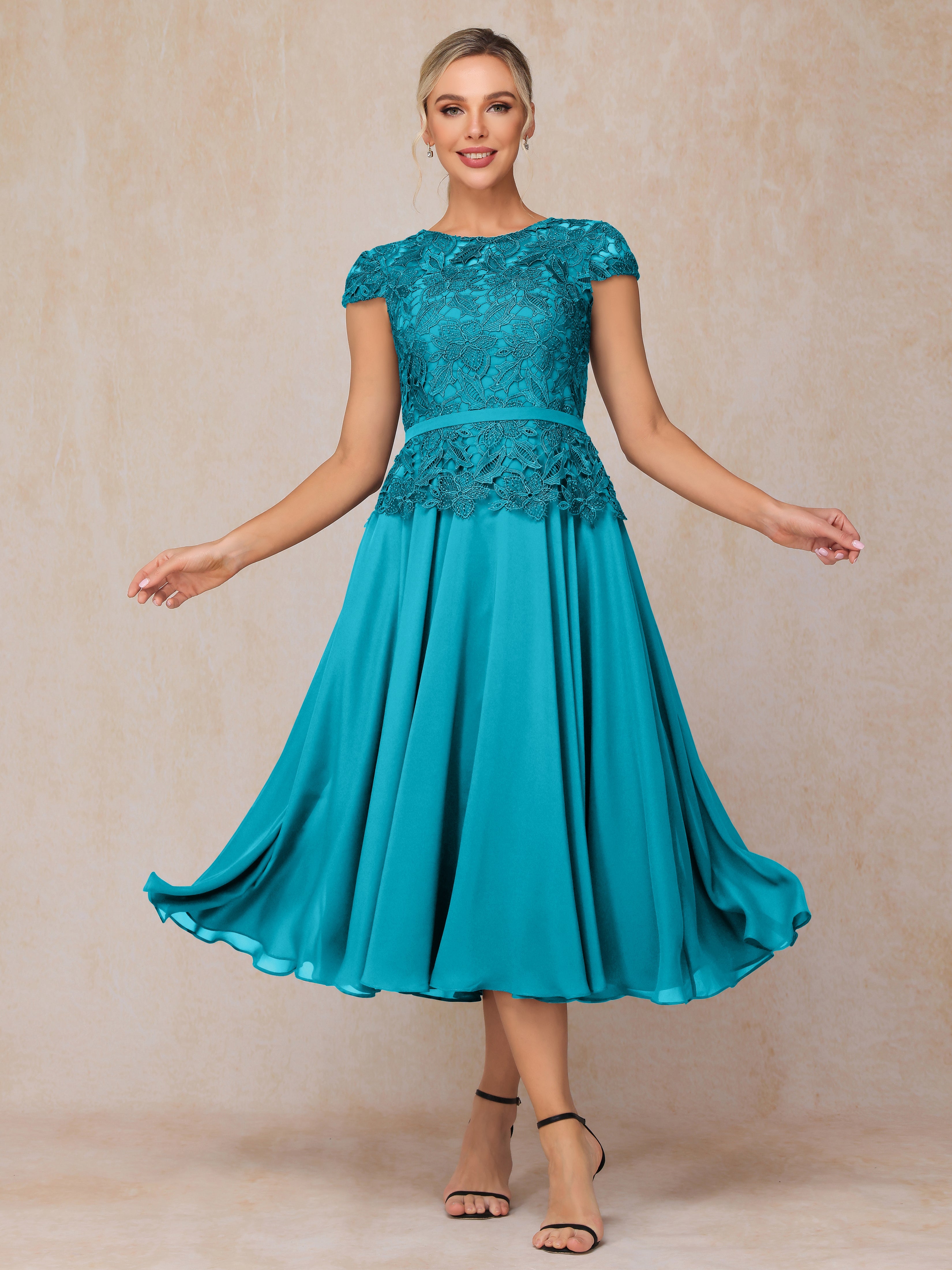 Cap Sleeves Tea Length Chiffon Mother Of The Groom Dress