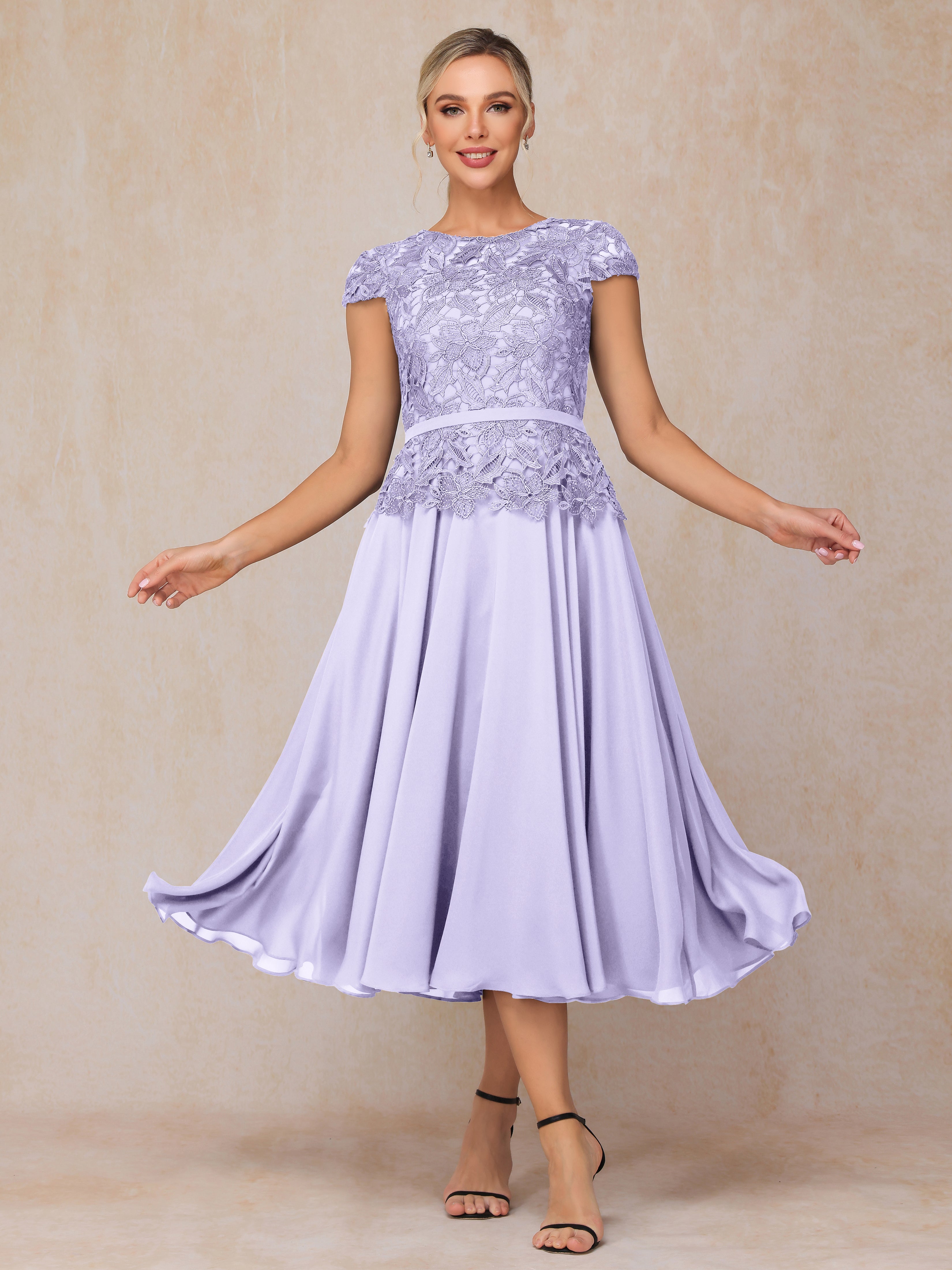 Cap Sleeves Tea Length Chiffon Mother Of The Groom Dress