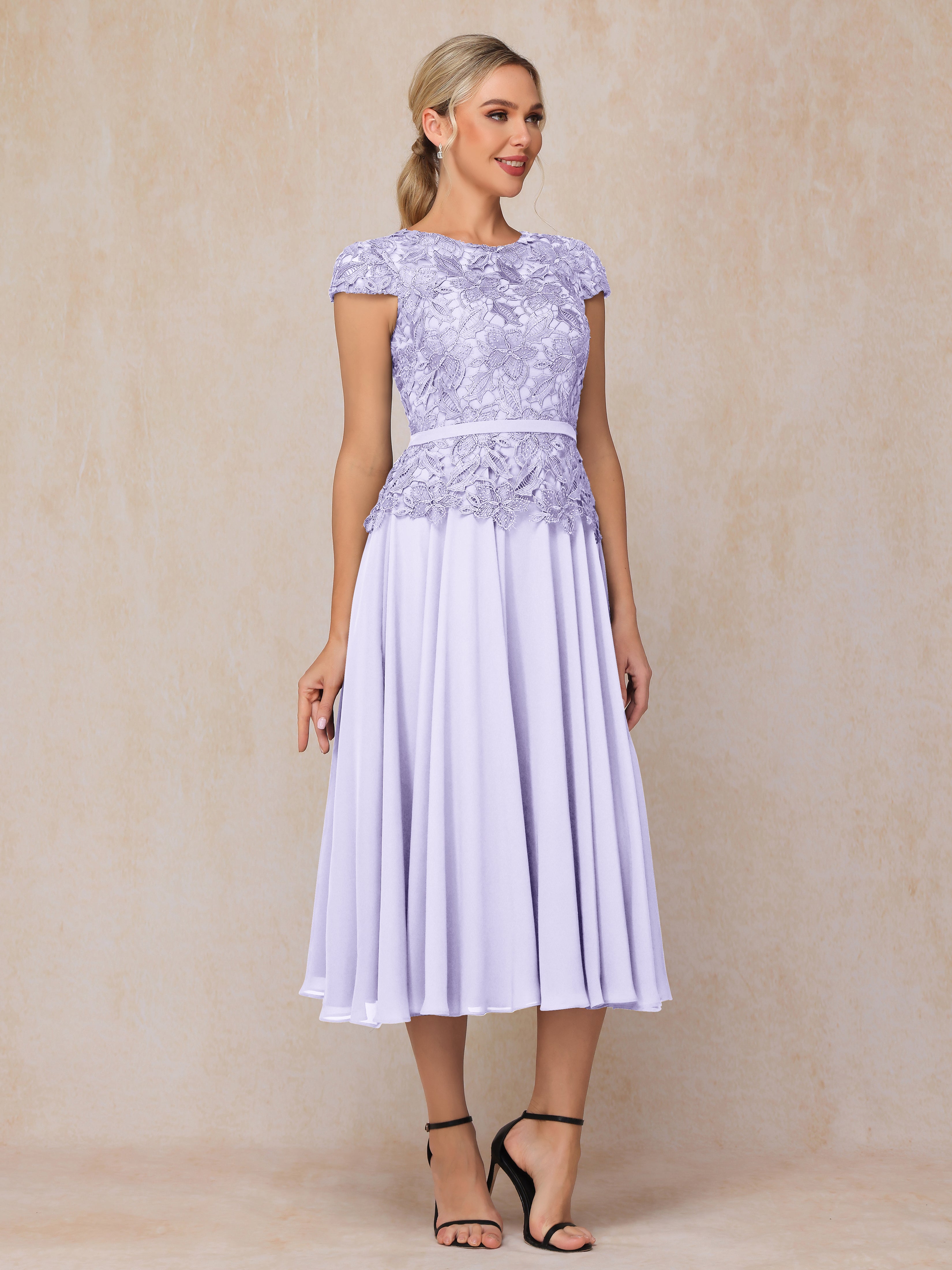 Cap Sleeves Tea Length Chiffon Mother Of The Groom Dress