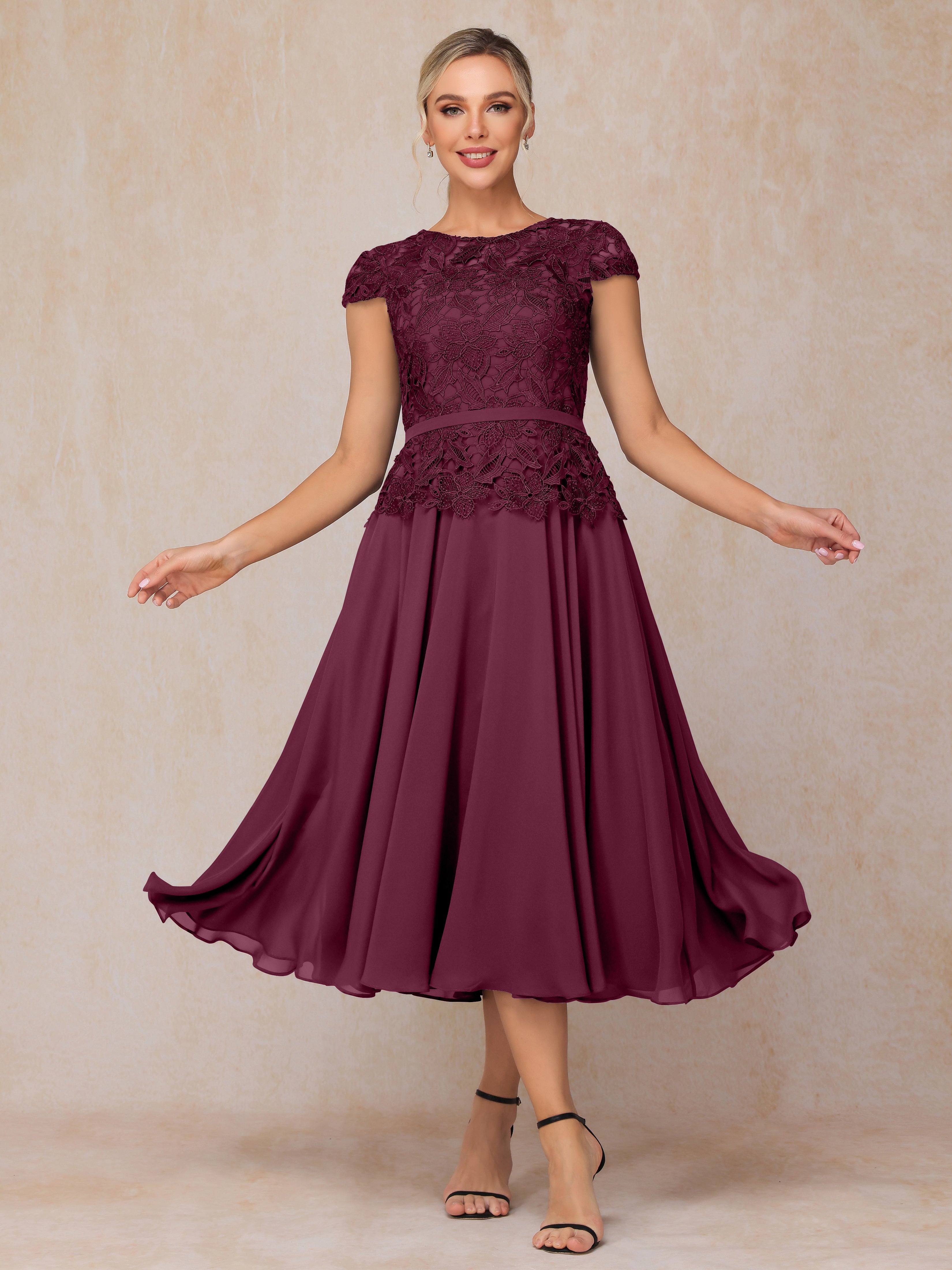 Cap Sleeves Tea Length Chiffon Mother Of The Bride Dress