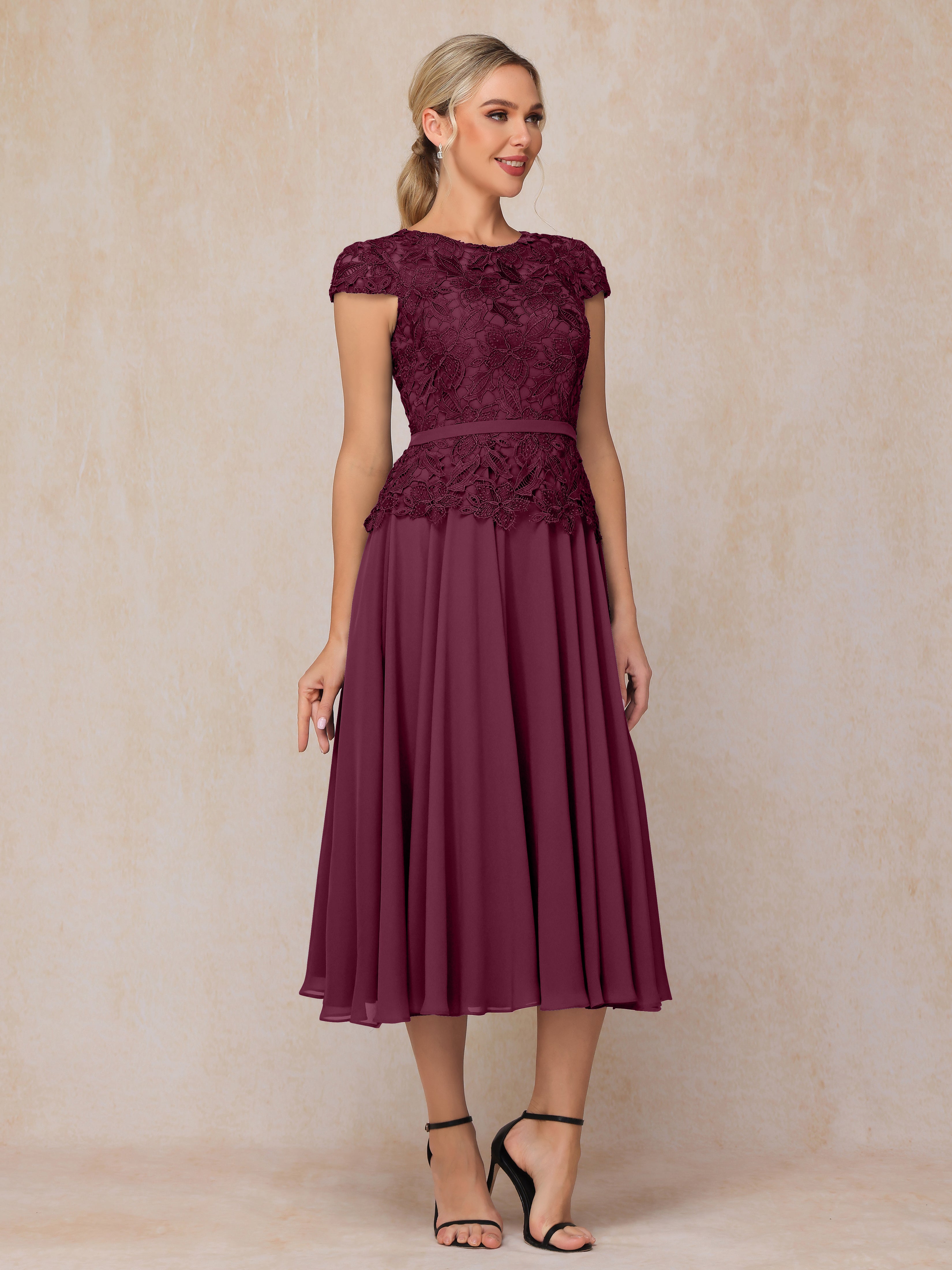 Cap Sleeves Tea Length Chiffon Mother Of The Bride Dress