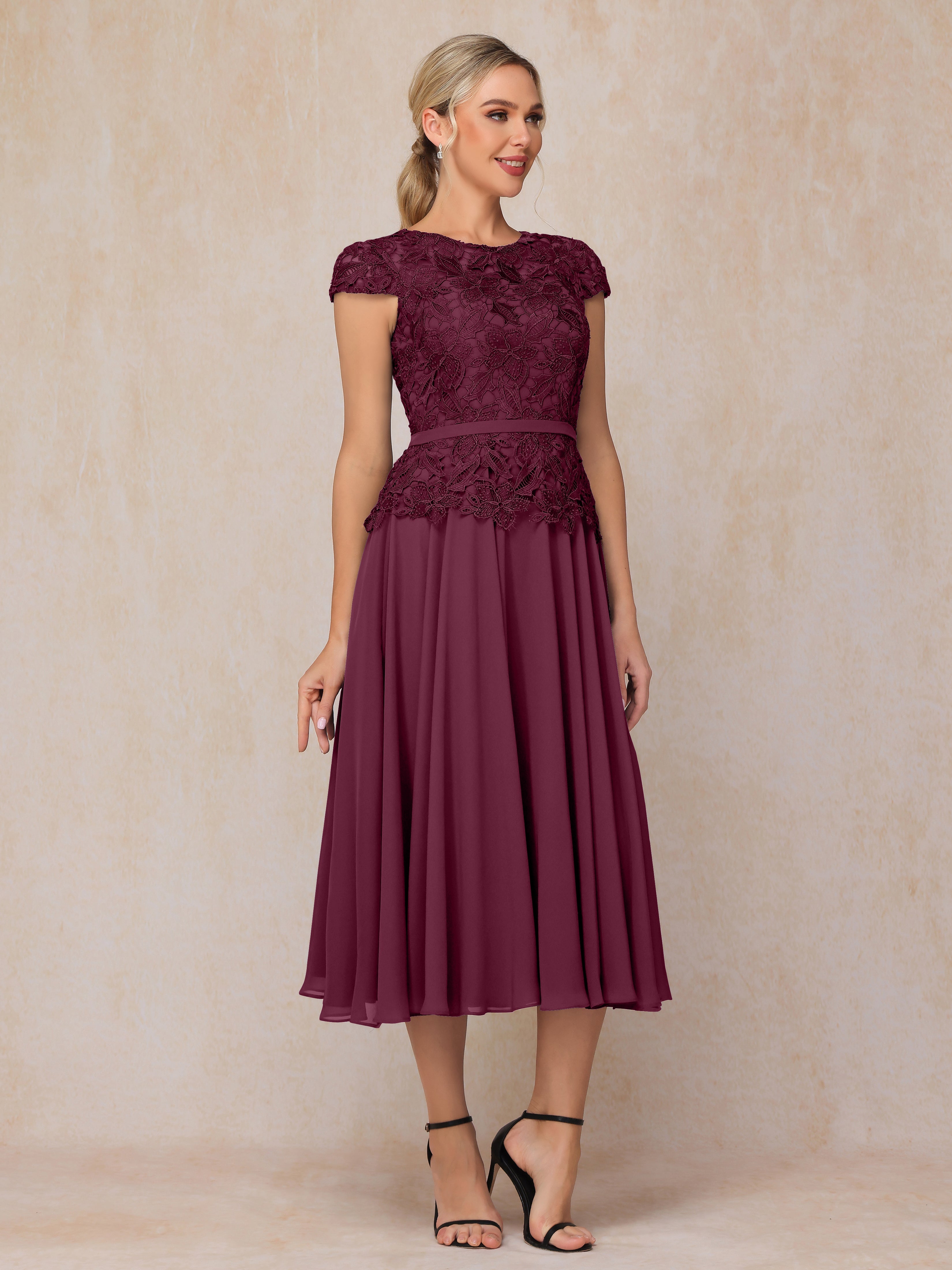 Cap Sleeves Tea Length Chiffon Mother Of The Groom Dress