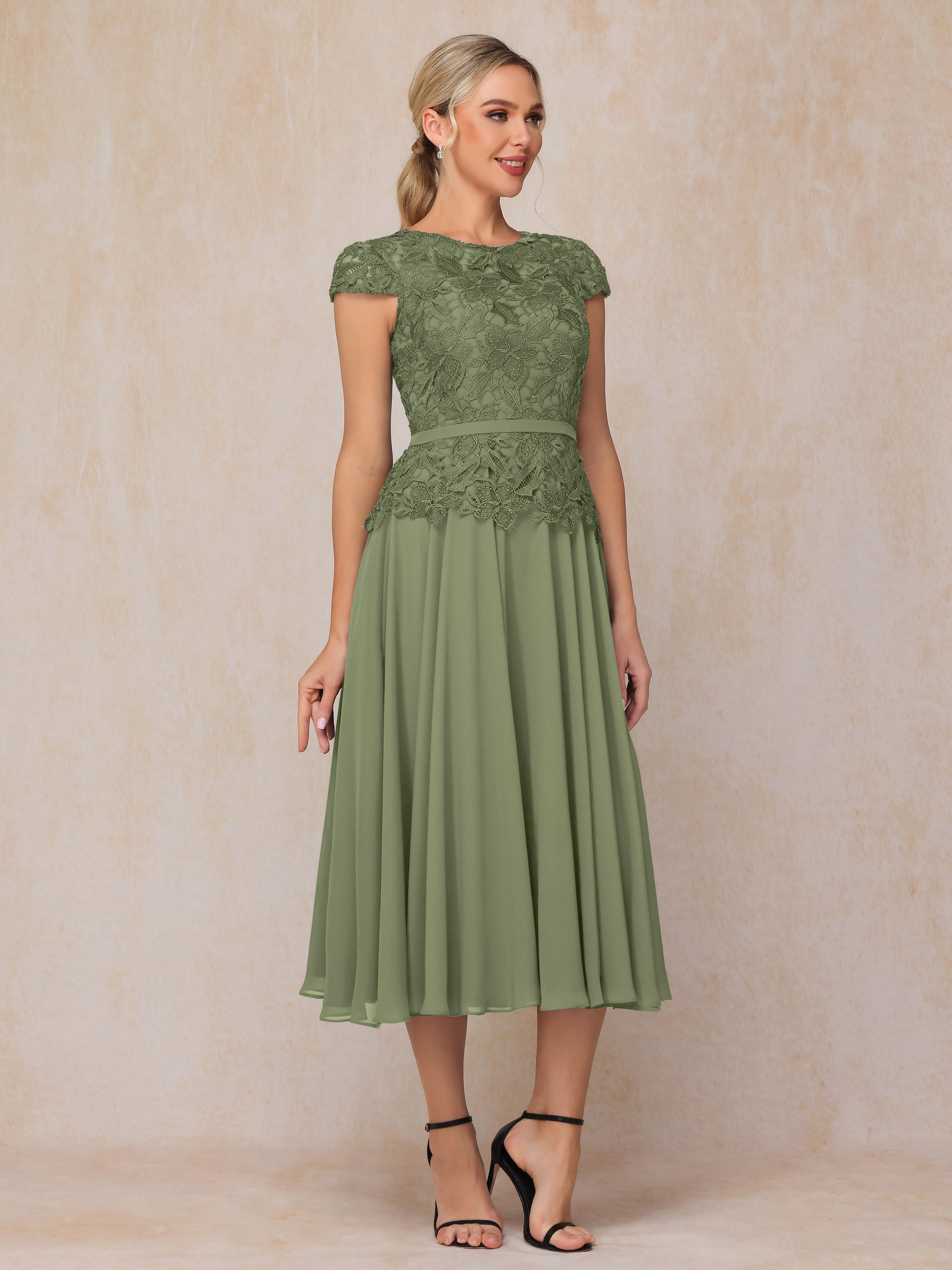Cap Sleeves Tea Length Chiffon Mother Of The Groom Dress