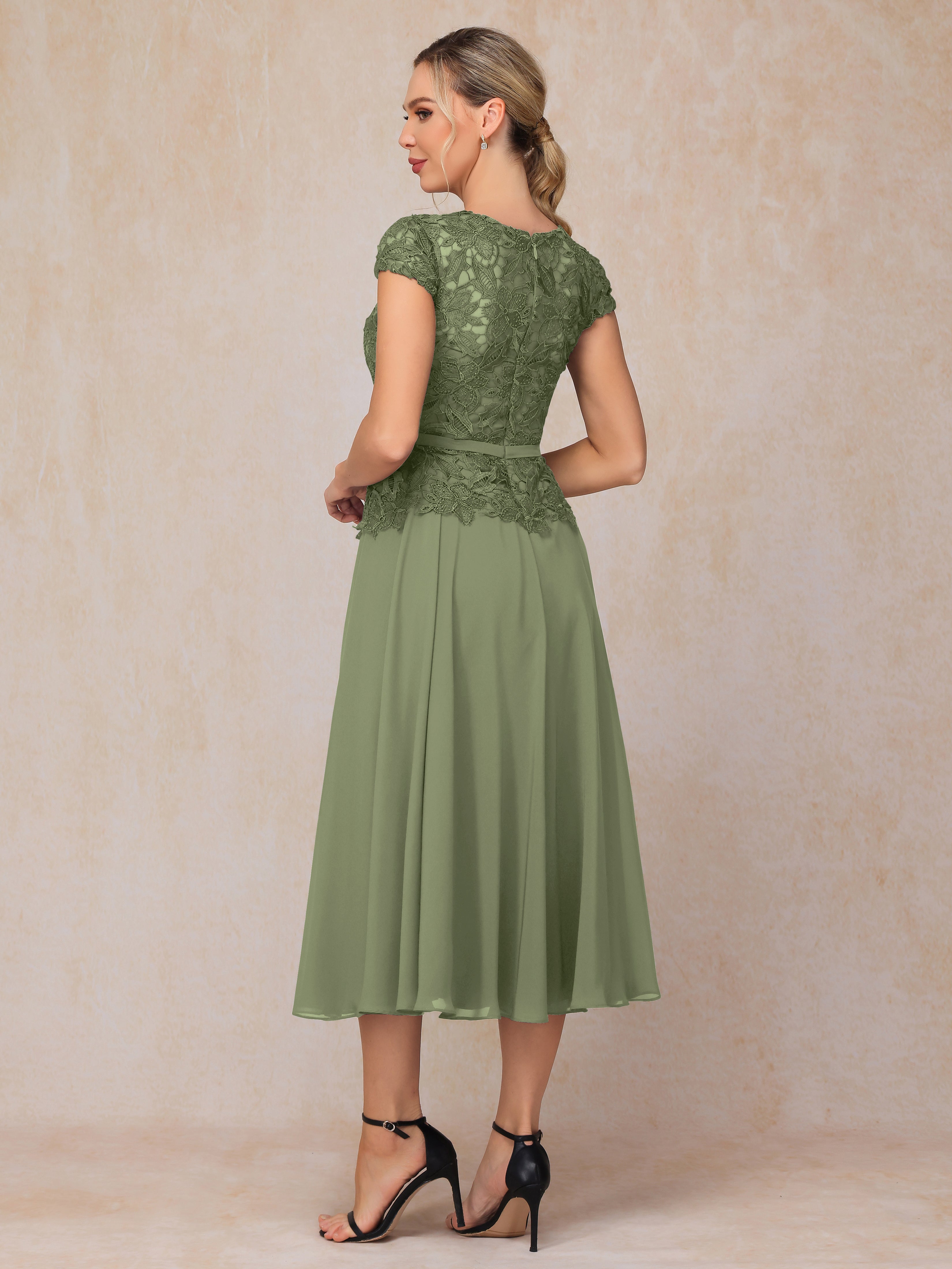 Cap Sleeves Tea Length Chiffon Mother Of The Bride Dress
