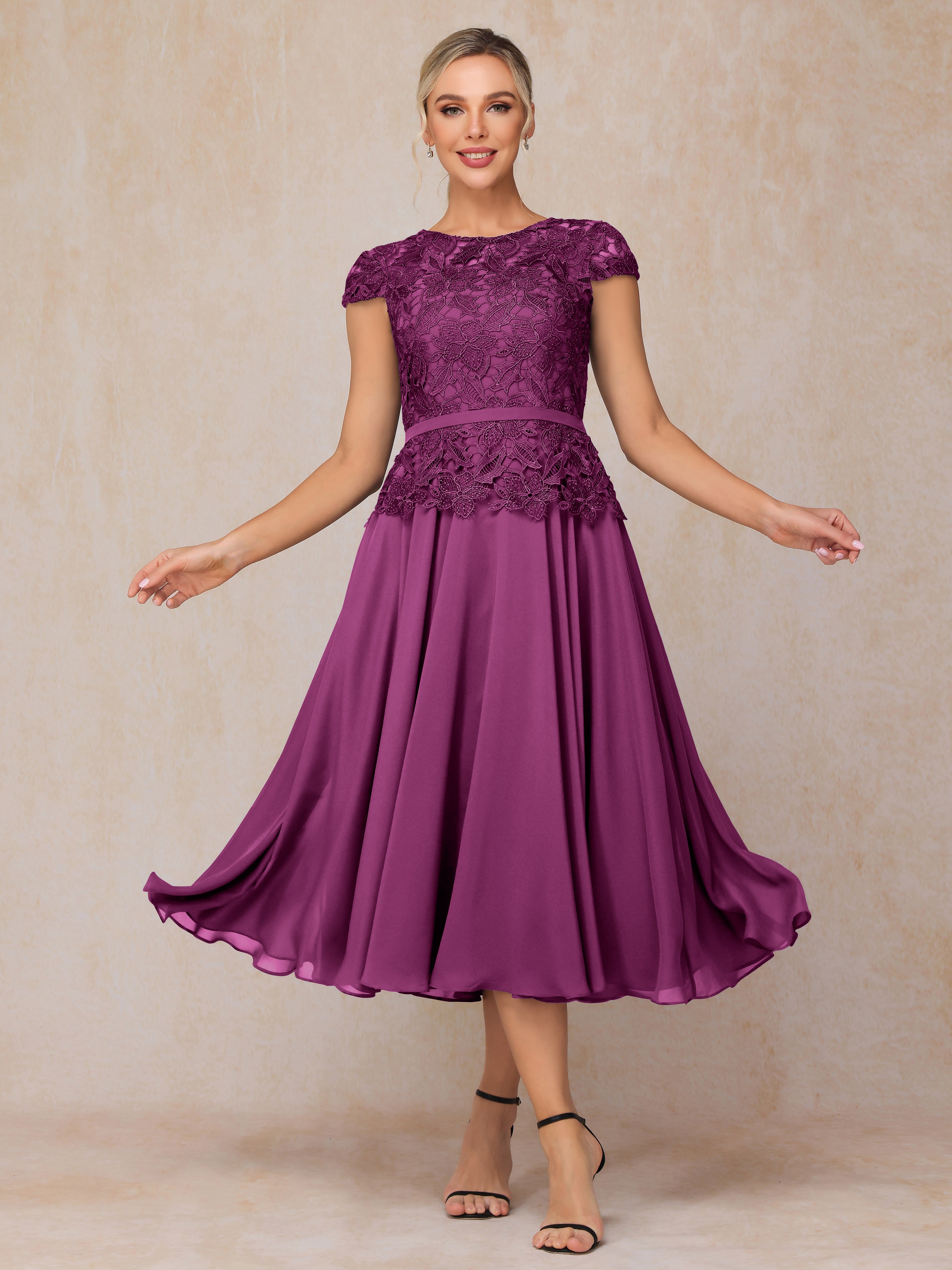 Cap Sleeves Tea Length Chiffon Mother Of The Bride Dress