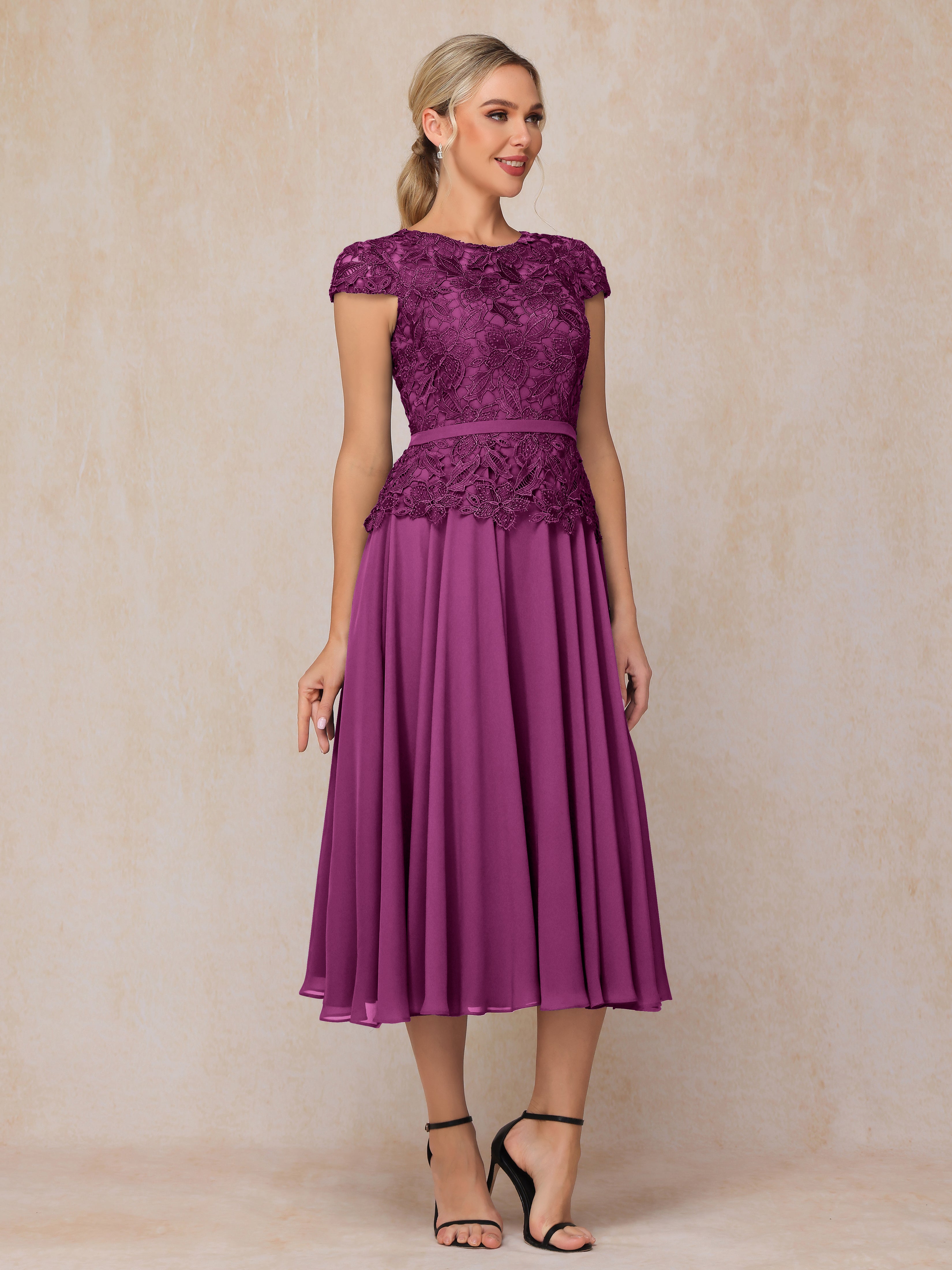 Cap Sleeves Tea Length Chiffon Mother Of The Bride Dress