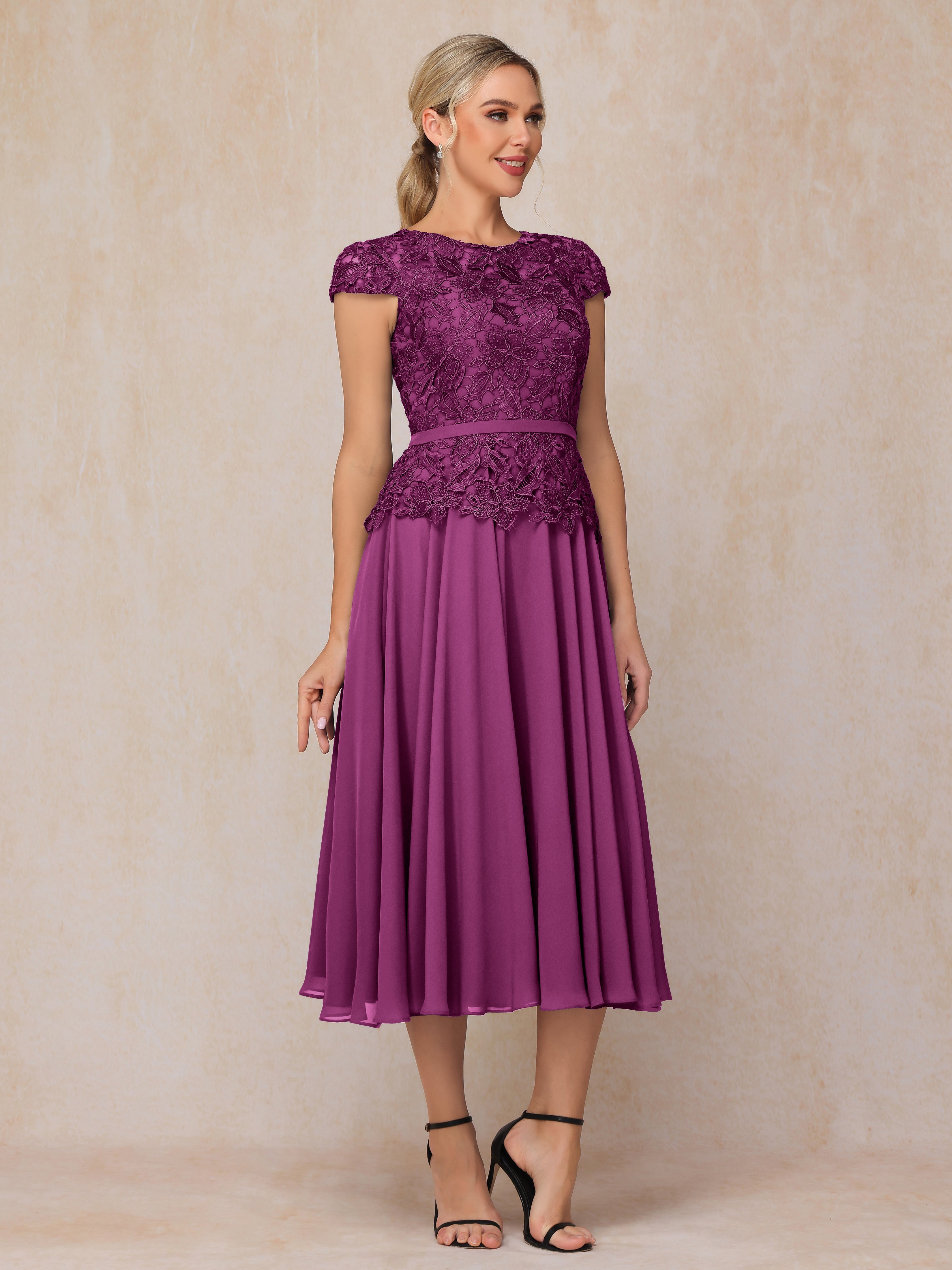 Cap Sleeves Tea Length Chiffon Mother Of The Groom Dress