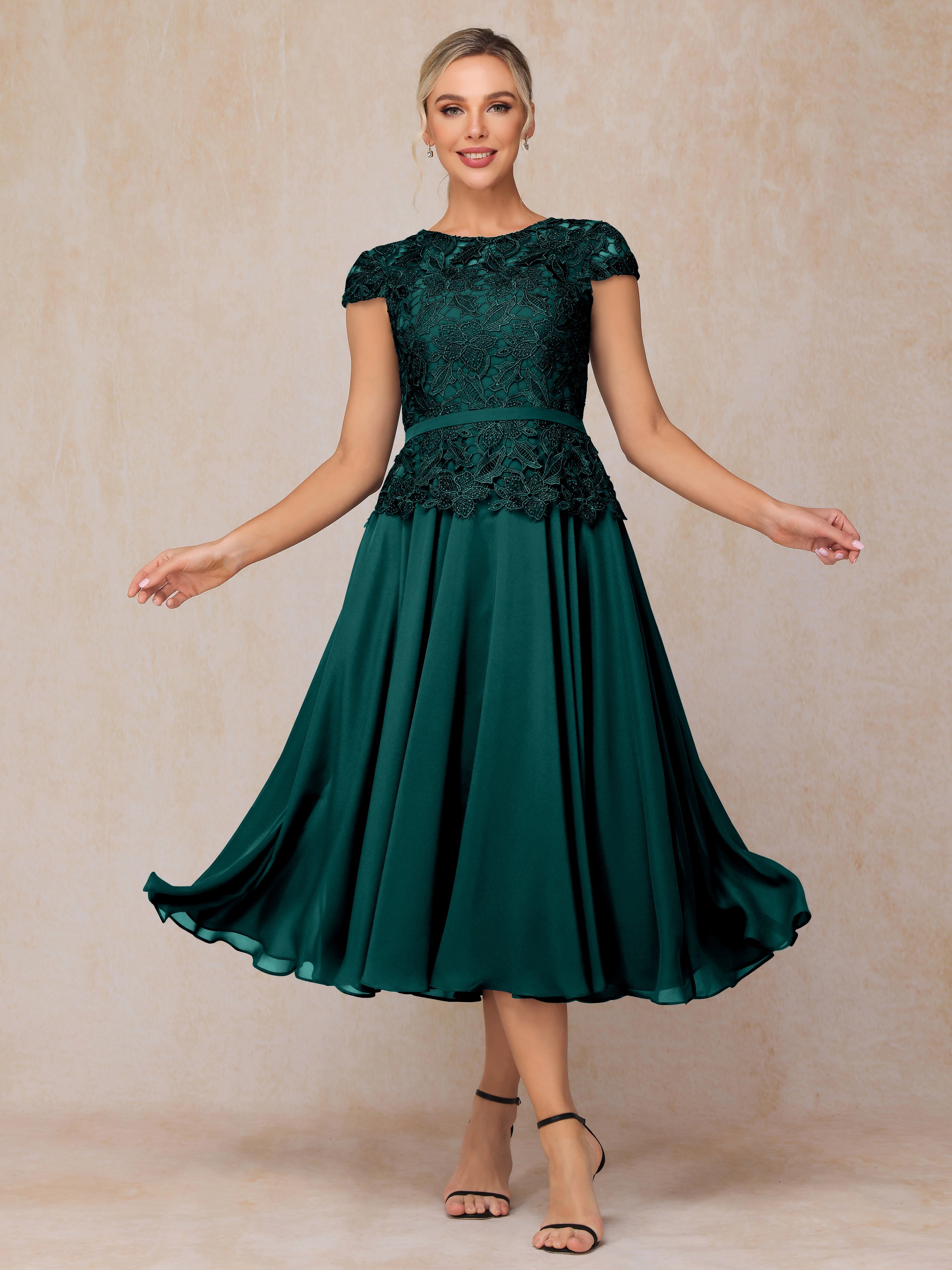 Cap Sleeves Tea Length Chiffon Mother Of The Groom Dress