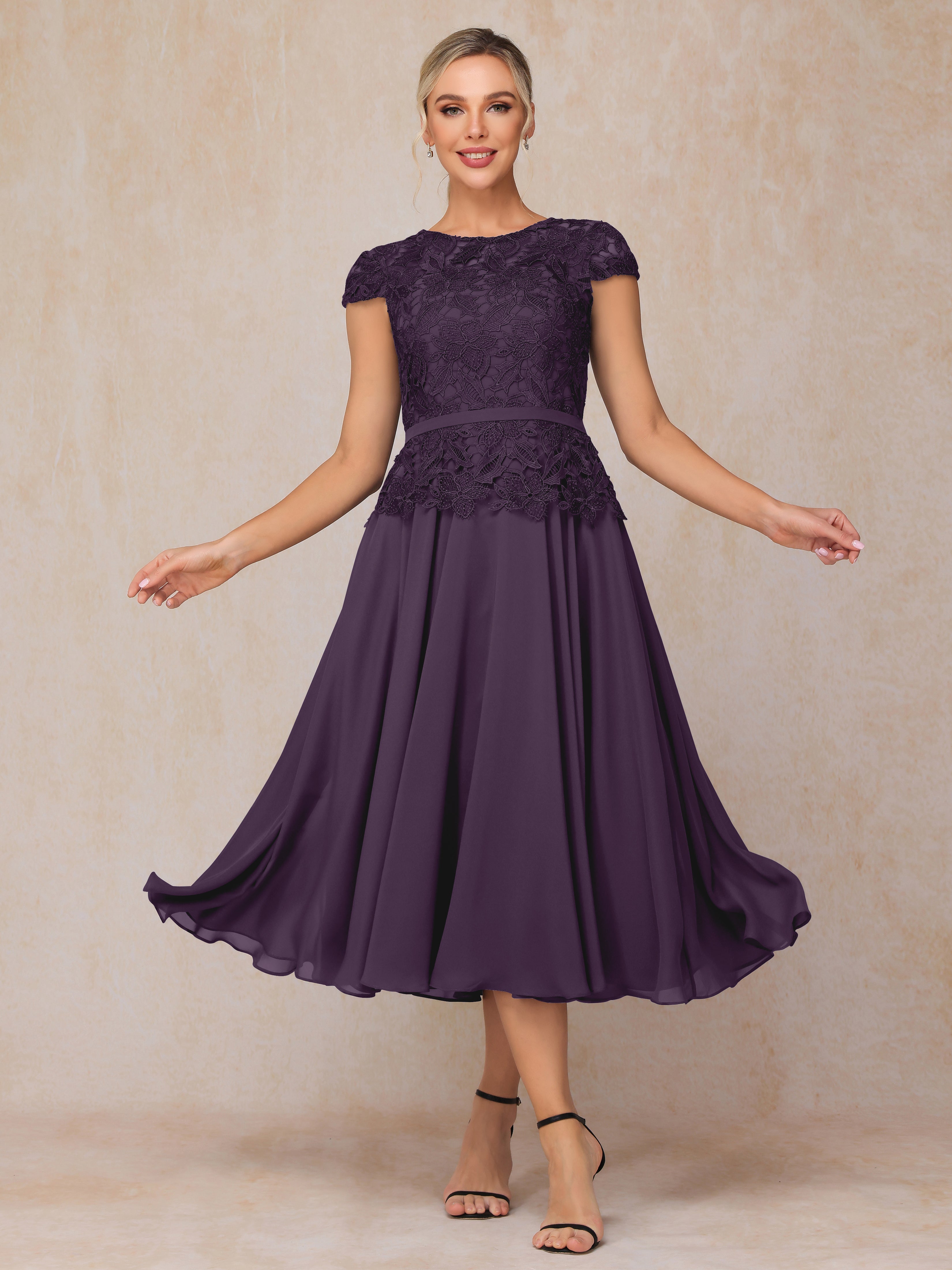 Cap Sleeves Tea Length Chiffon Mother Of The Bride Dress