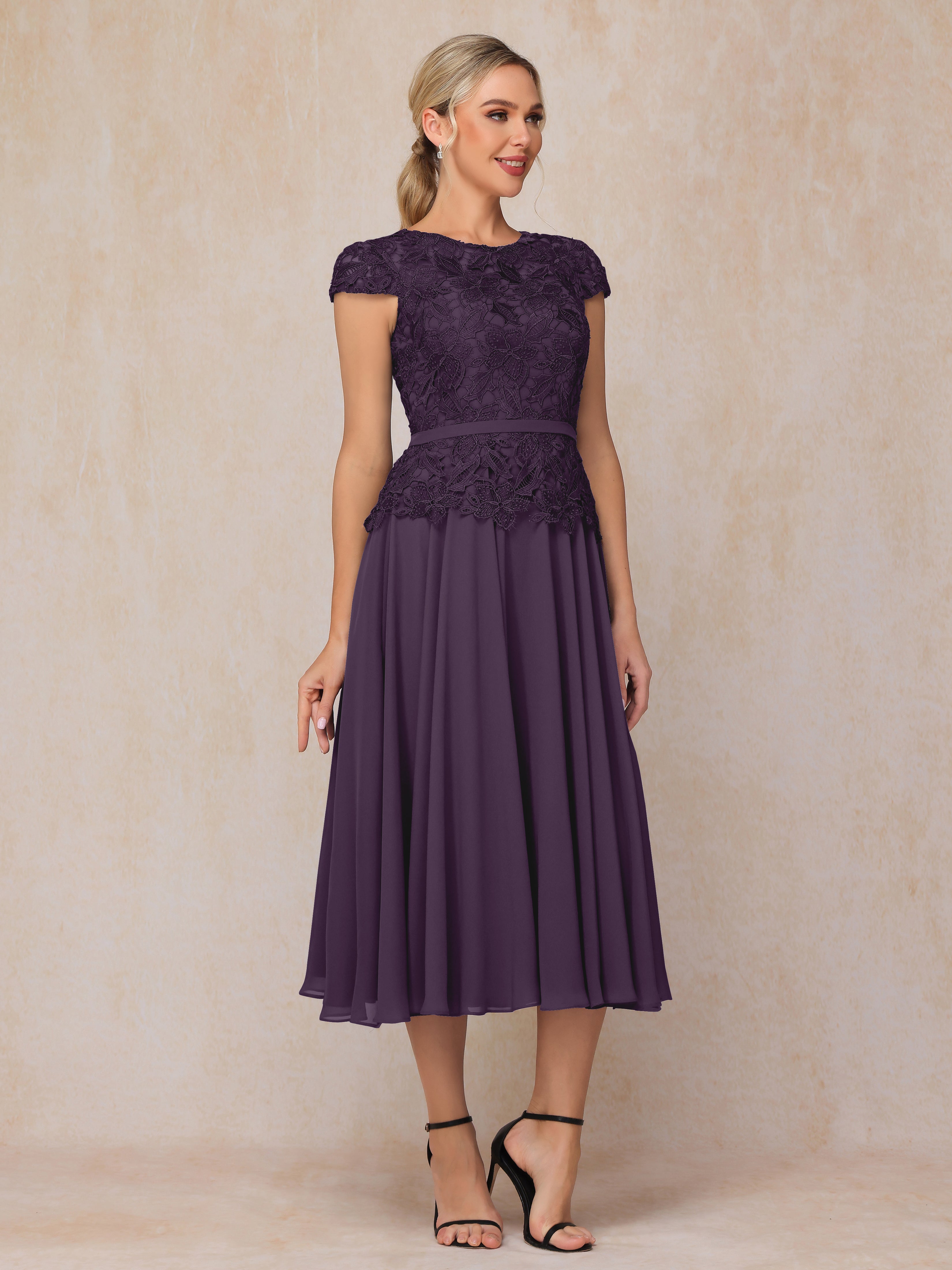 Cap Sleeves Tea Length Chiffon Mother Of The Bride Dress