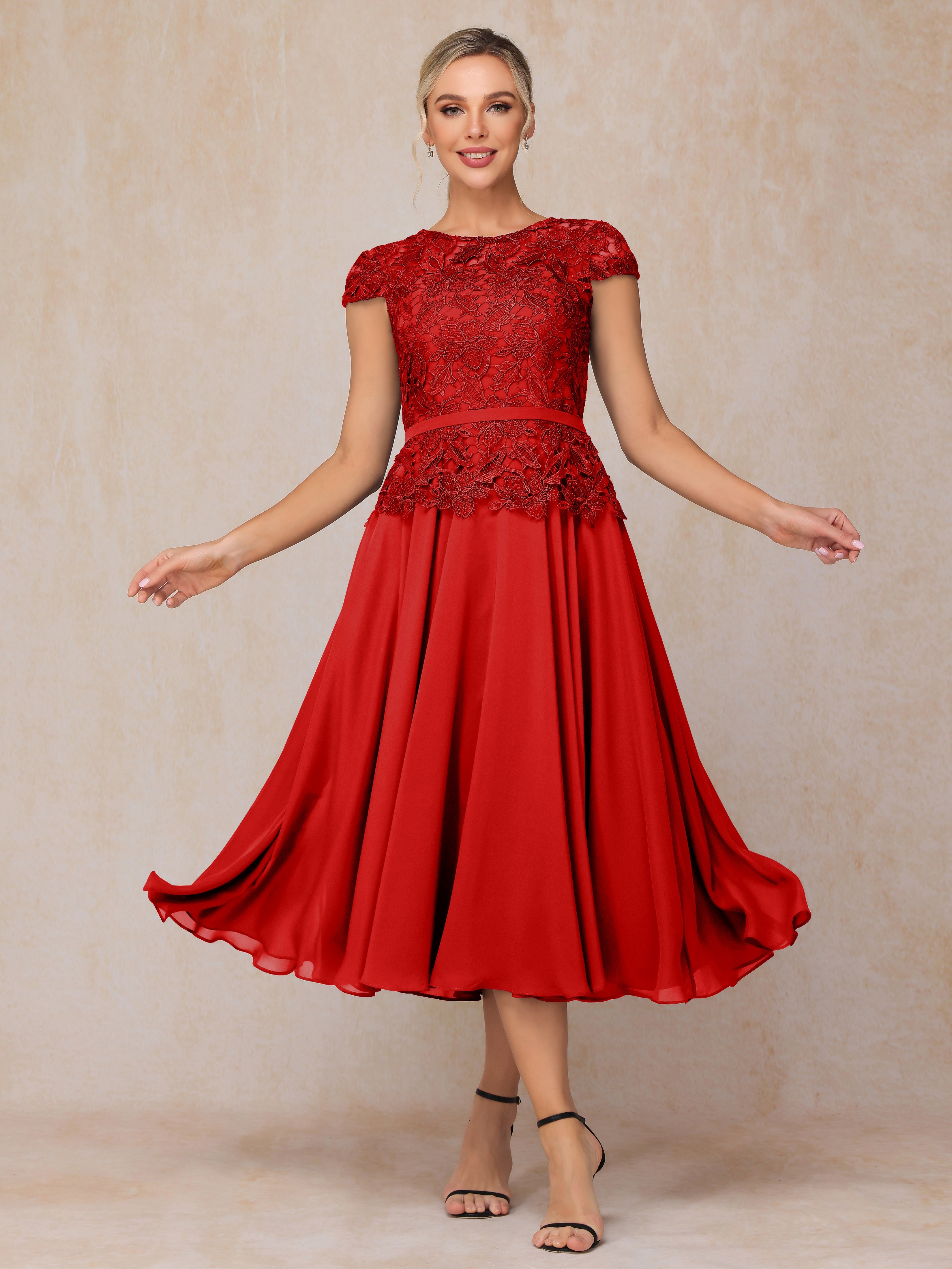 Cap Sleeves Tea Length Chiffon Mother Of The Groom Dress