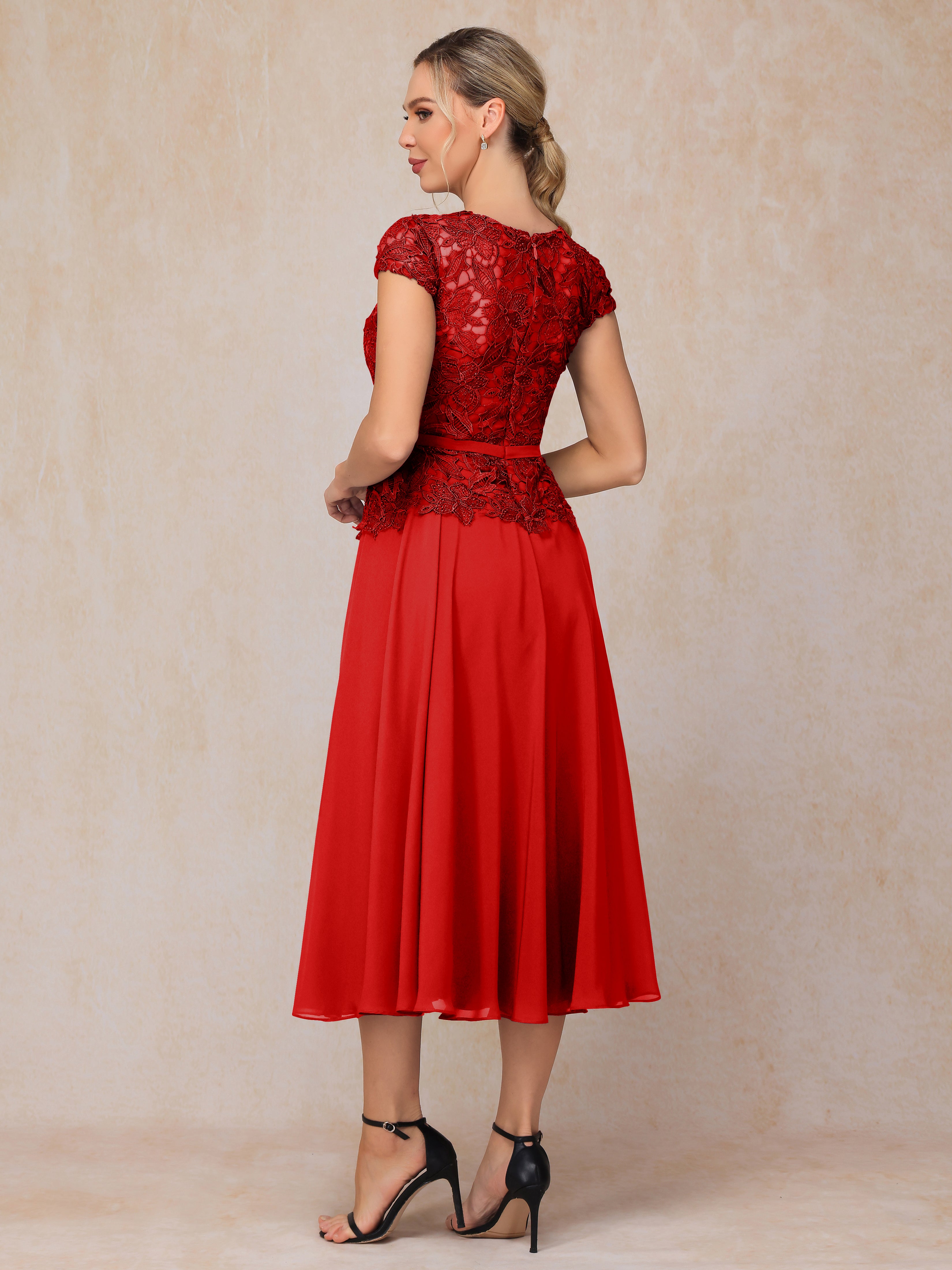 Cap Sleeves Tea Length Chiffon Mother Of The Bride Dress