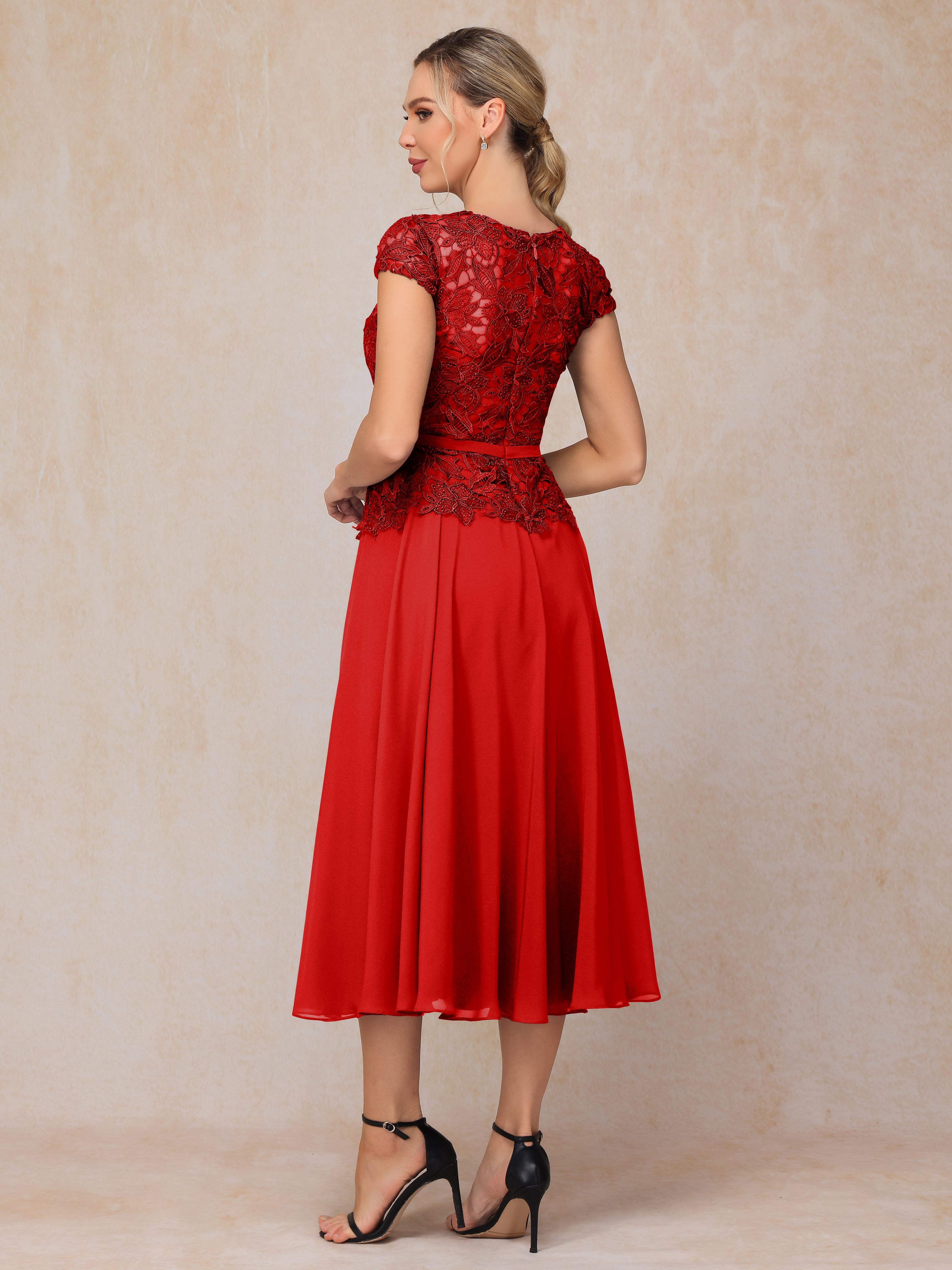 Cap Sleeves Tea Length Chiffon Mother Of The Groom Dress