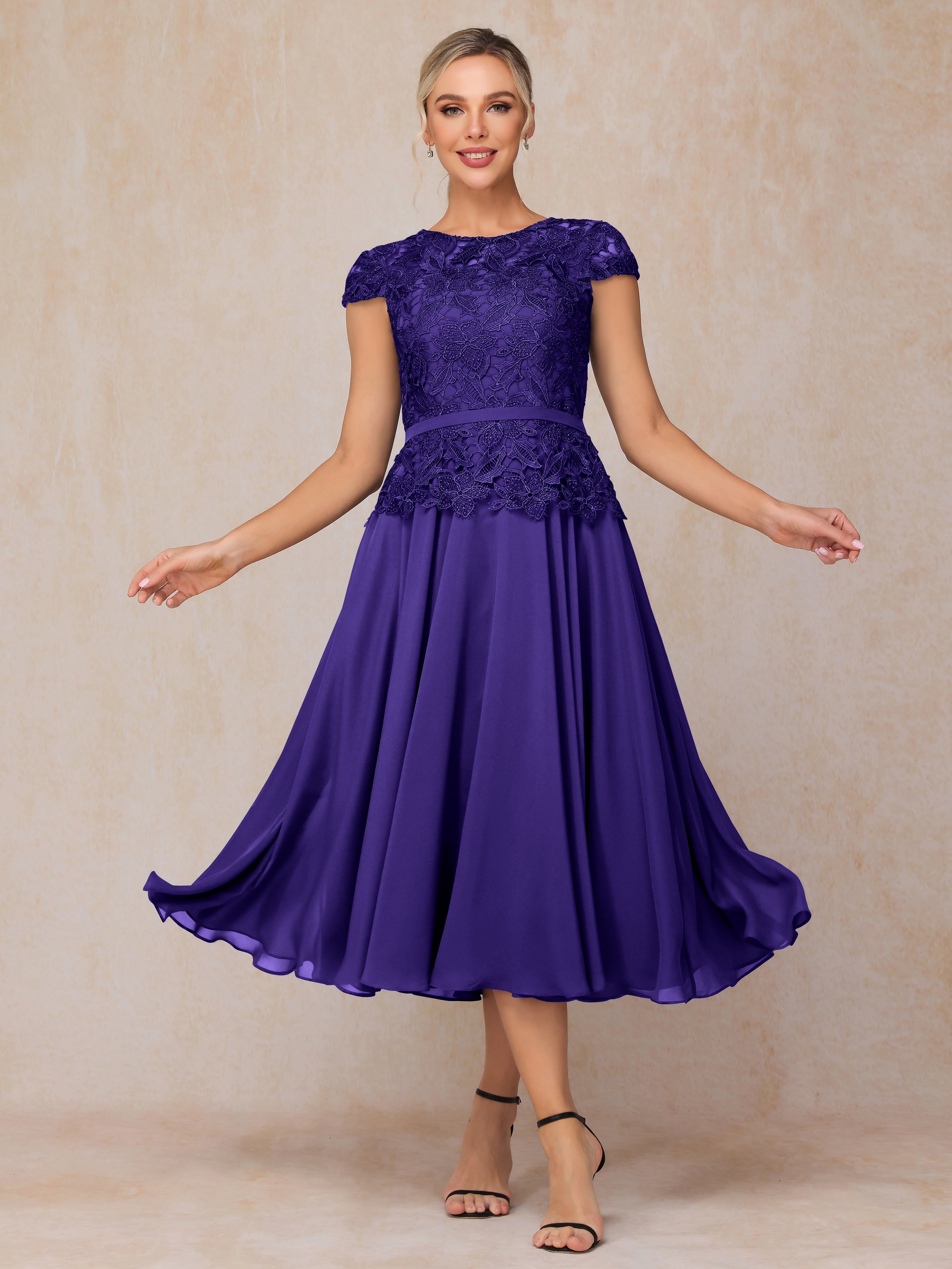 Cap Sleeves Tea Length Chiffon Mother Of The Bride Dress