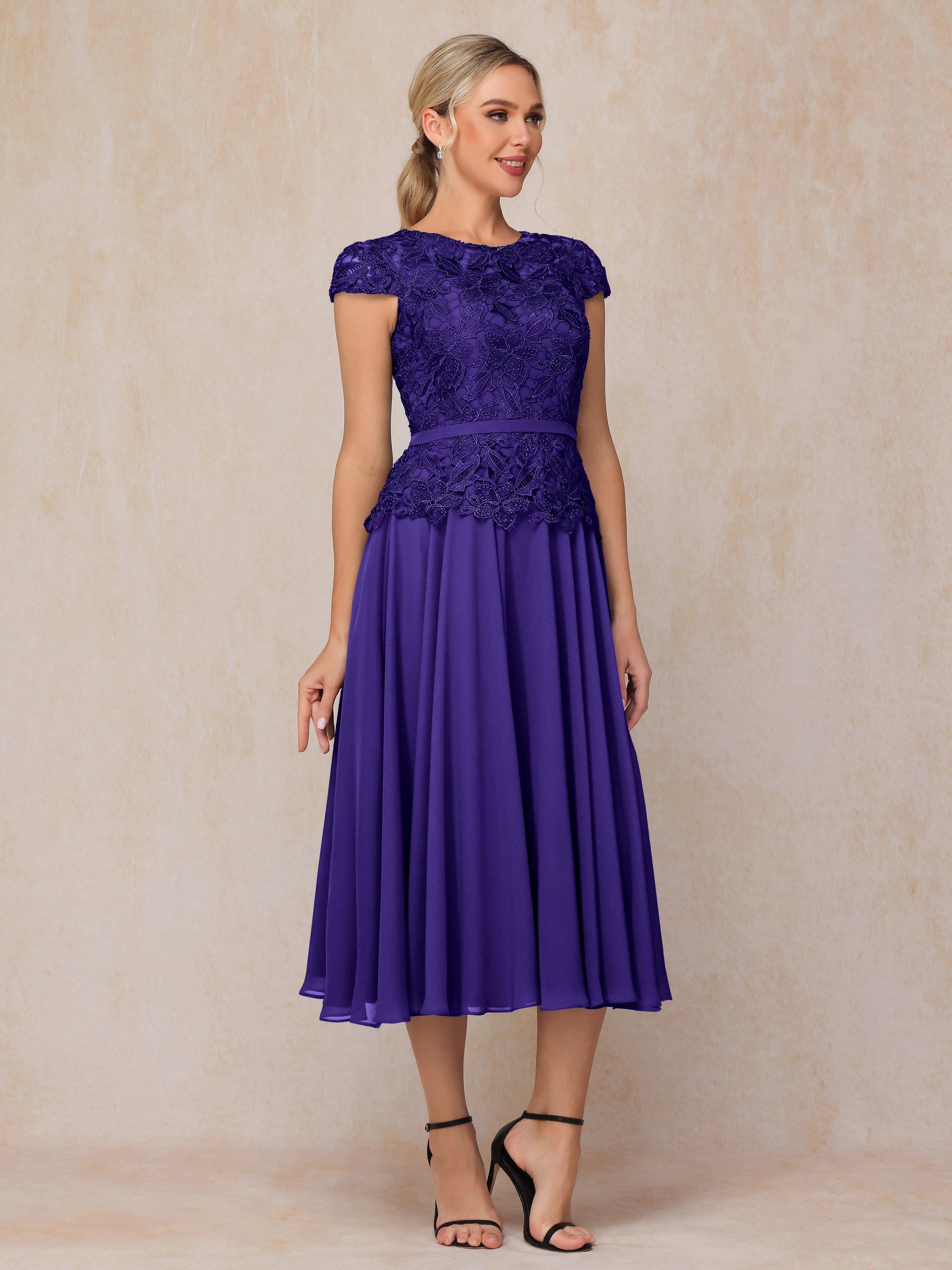 Cap Sleeves Tea Length Chiffon Mother Of The Groom Dress