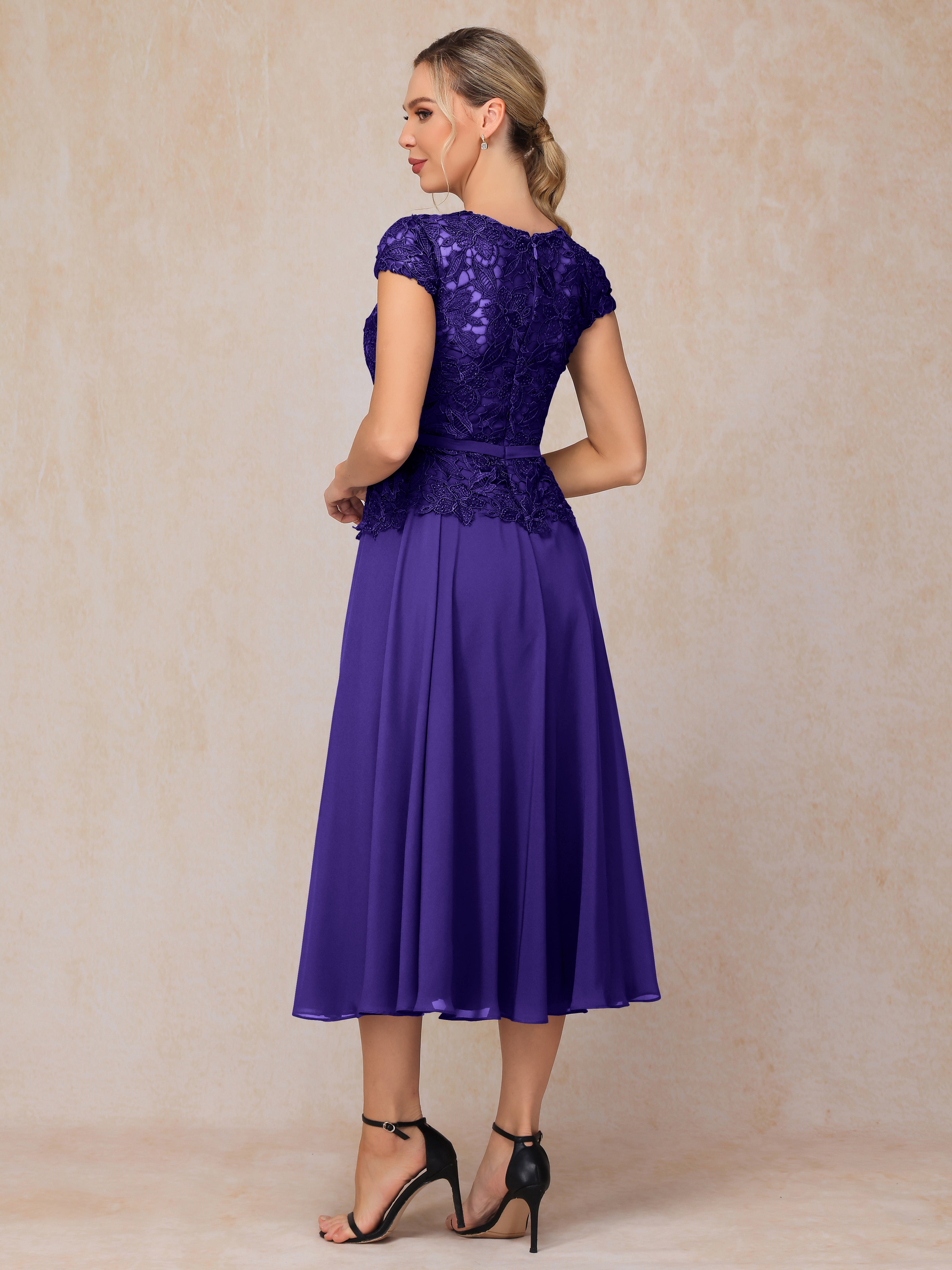 Cap Sleeves Tea Length Chiffon Mother Of The Bride Dress