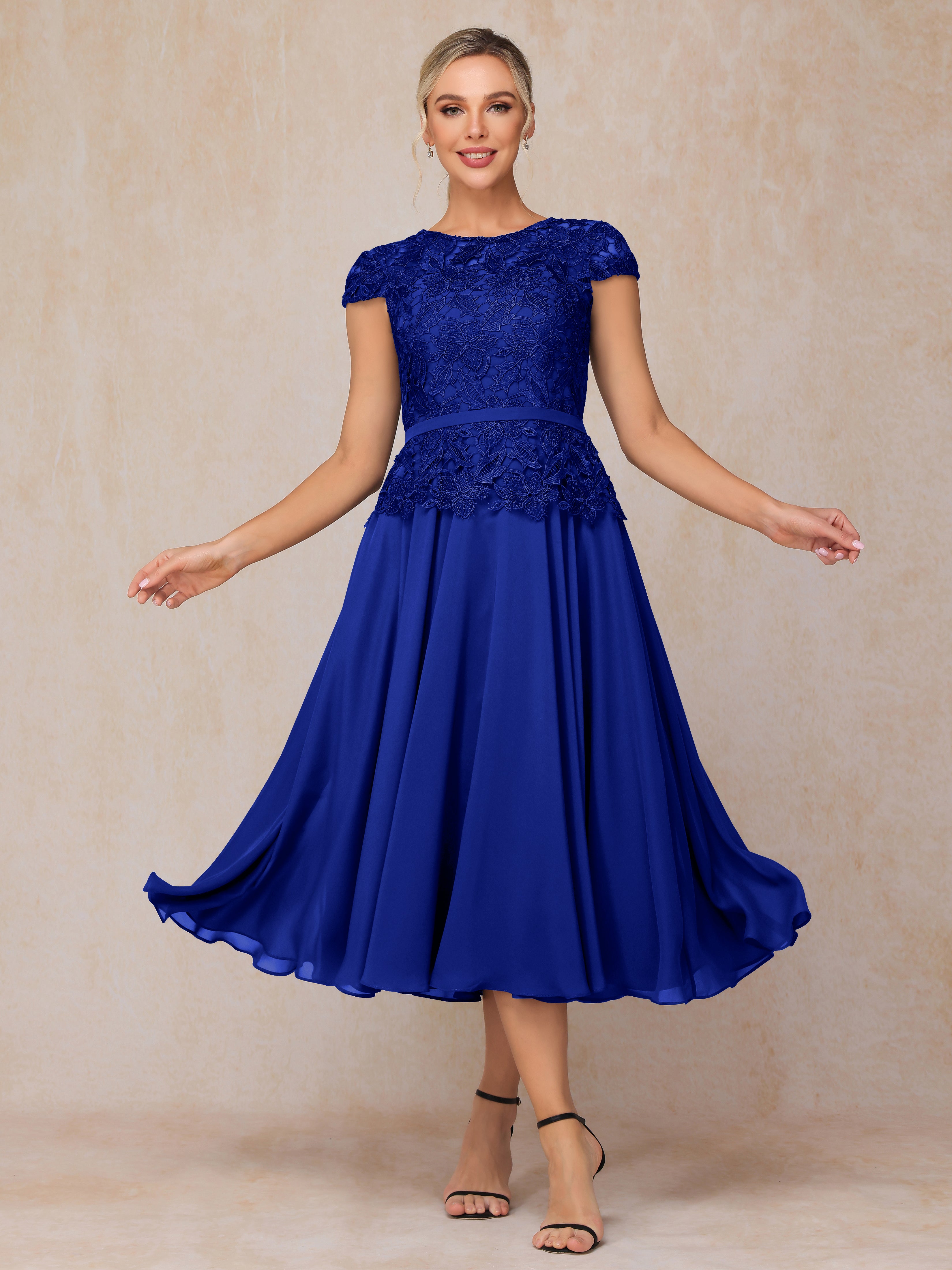 Cap Sleeves Tea Length Chiffon Mother Of The Bride Dress