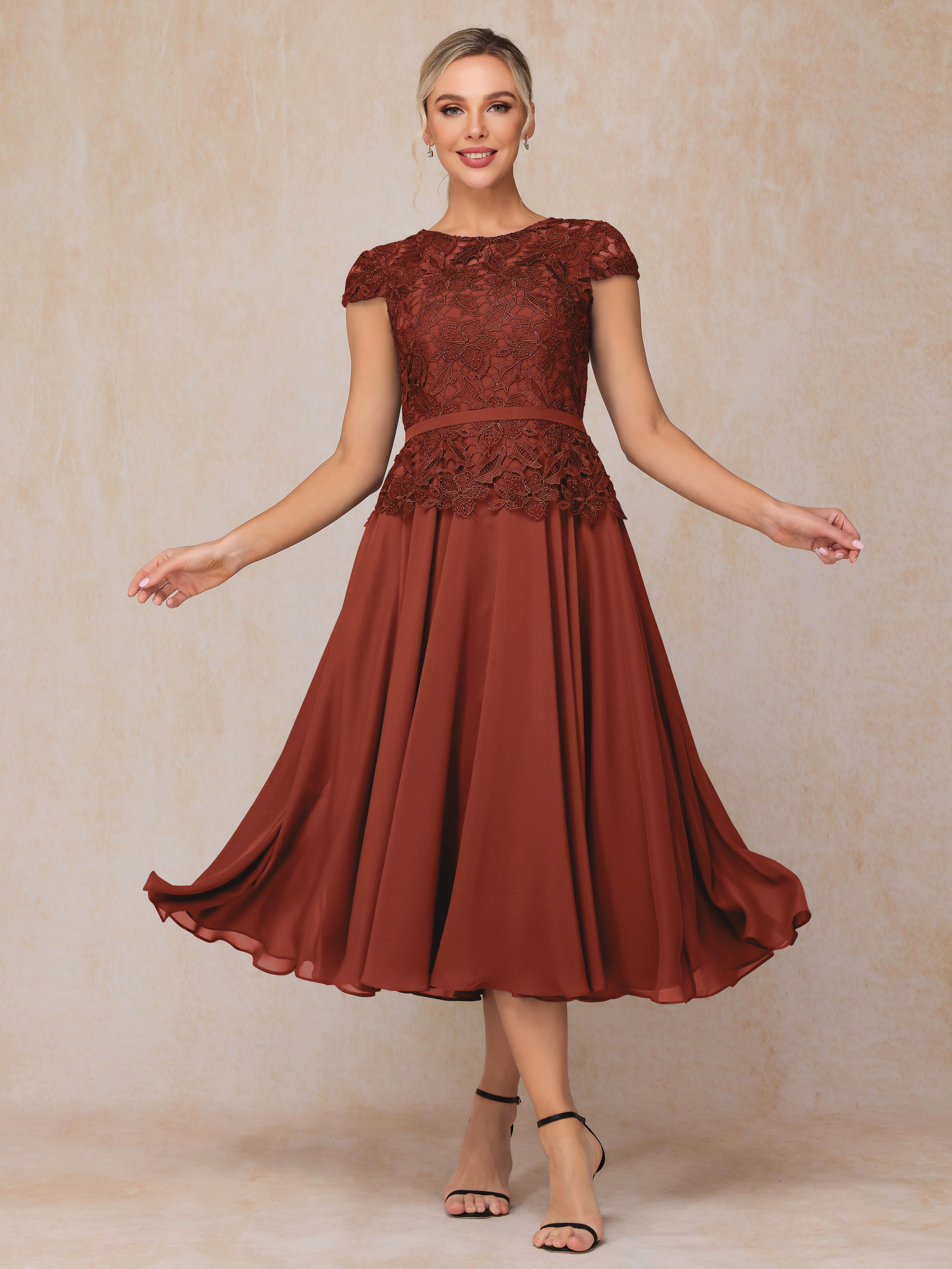 Cap Sleeves Tea Length Chiffon Mother Of The Groom Dress