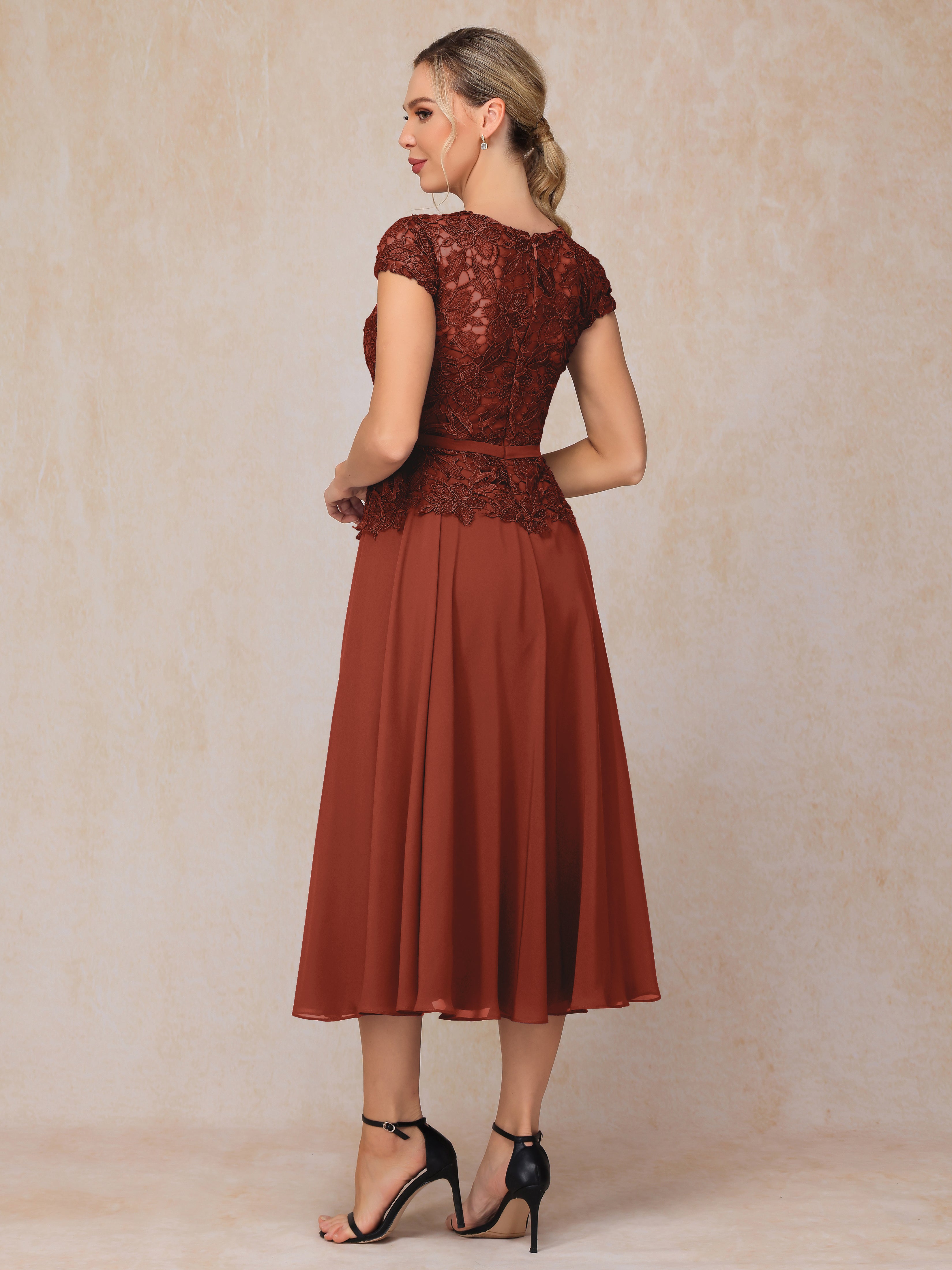 Cap Sleeves Tea Length Chiffon Mother Of The Bride Dress