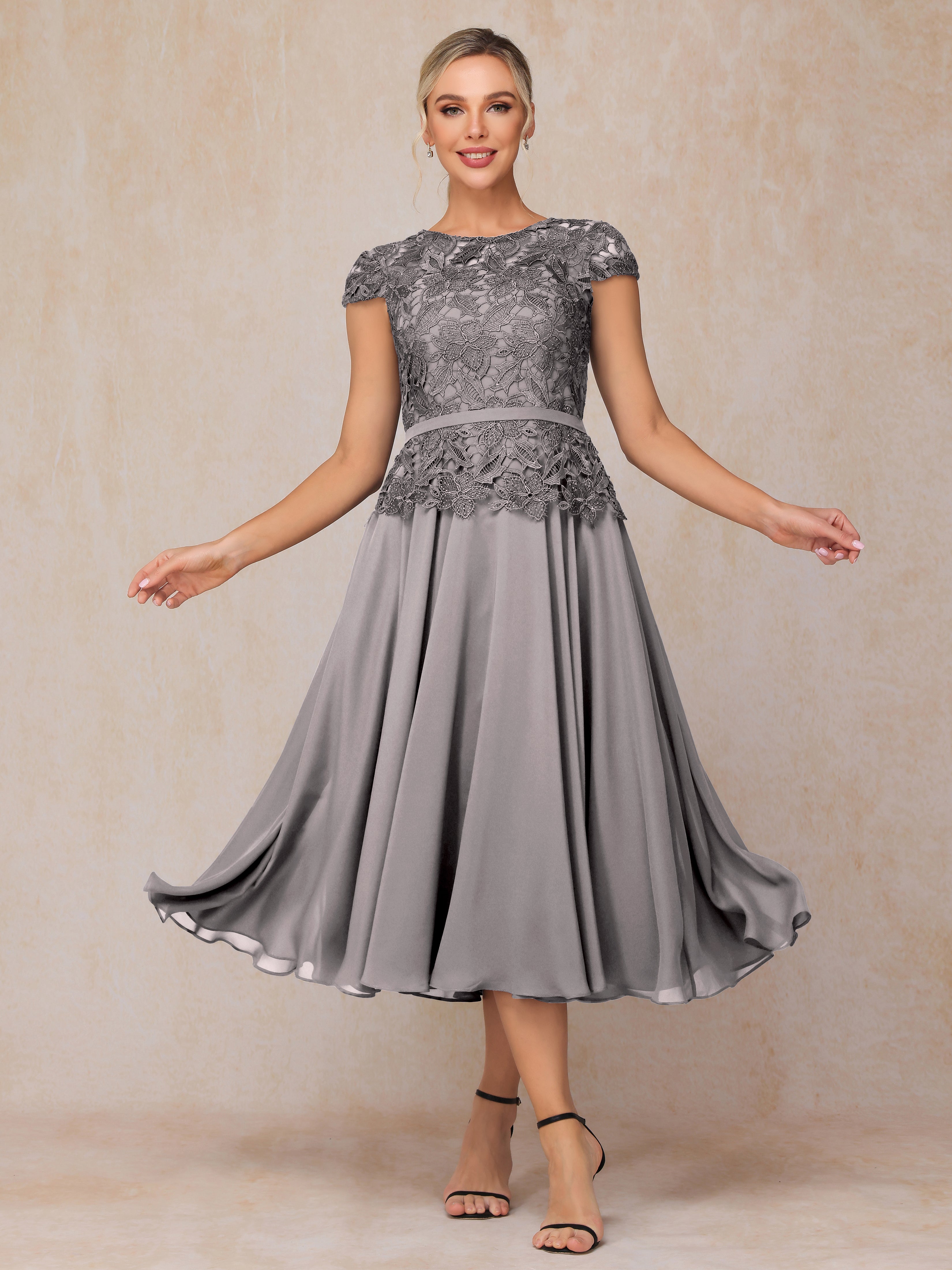 Cap Sleeves Tea Length Chiffon Mother Of The Bride Dress