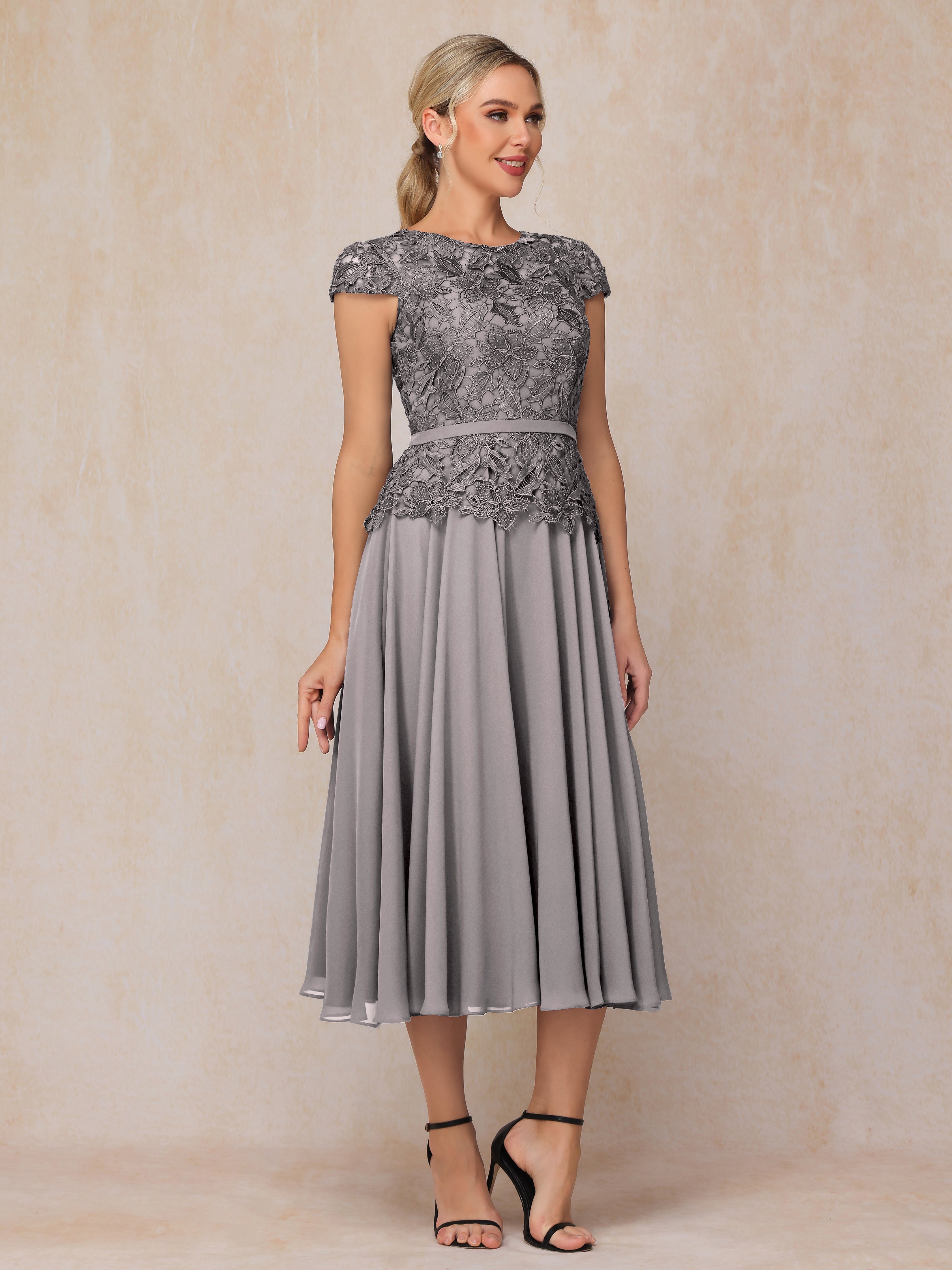 Cap Sleeves Tea Length Chiffon Mother Of The Bride Dress