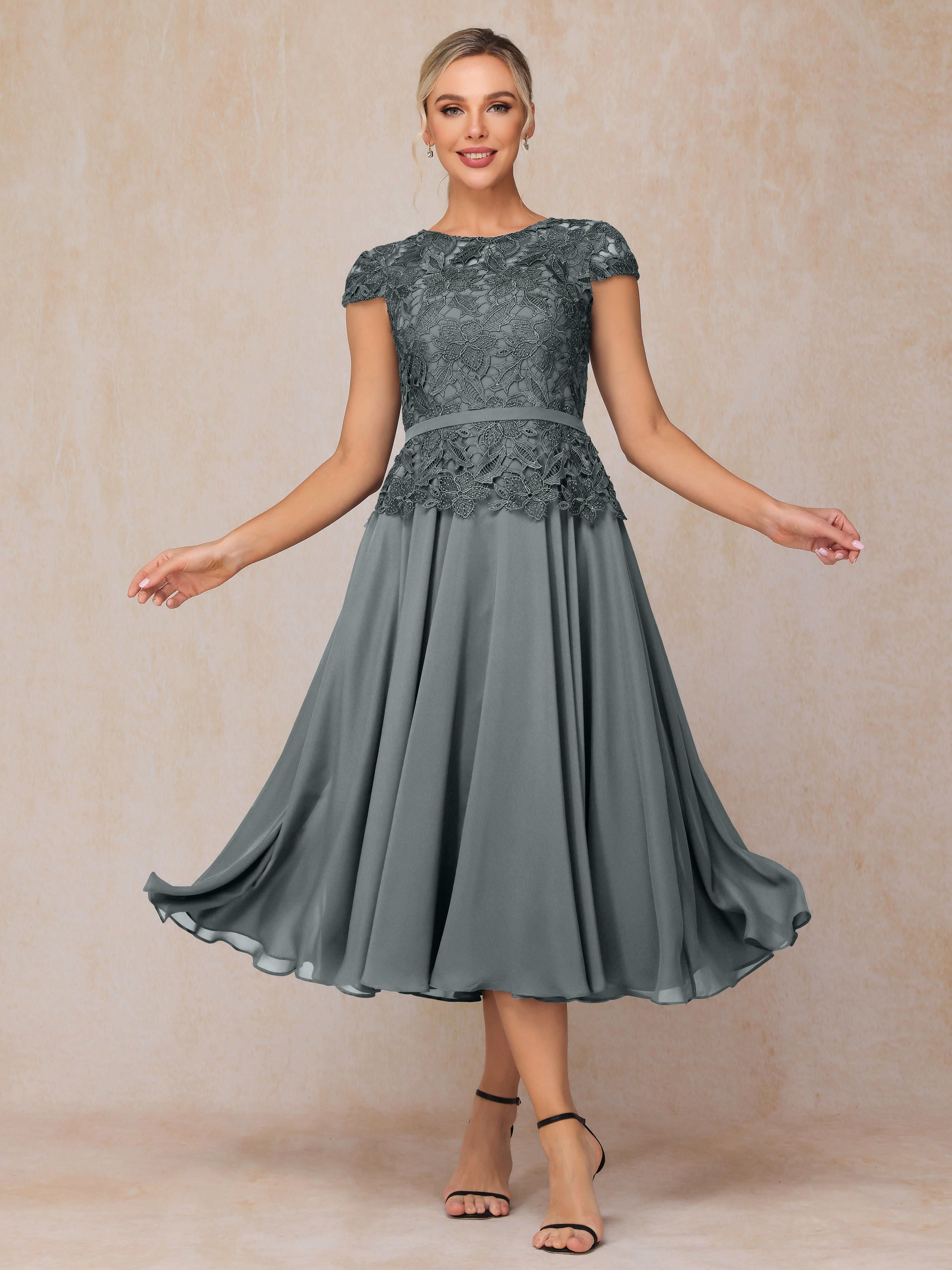 Cap Sleeves Tea Length Chiffon Mother Of The Groom Dress