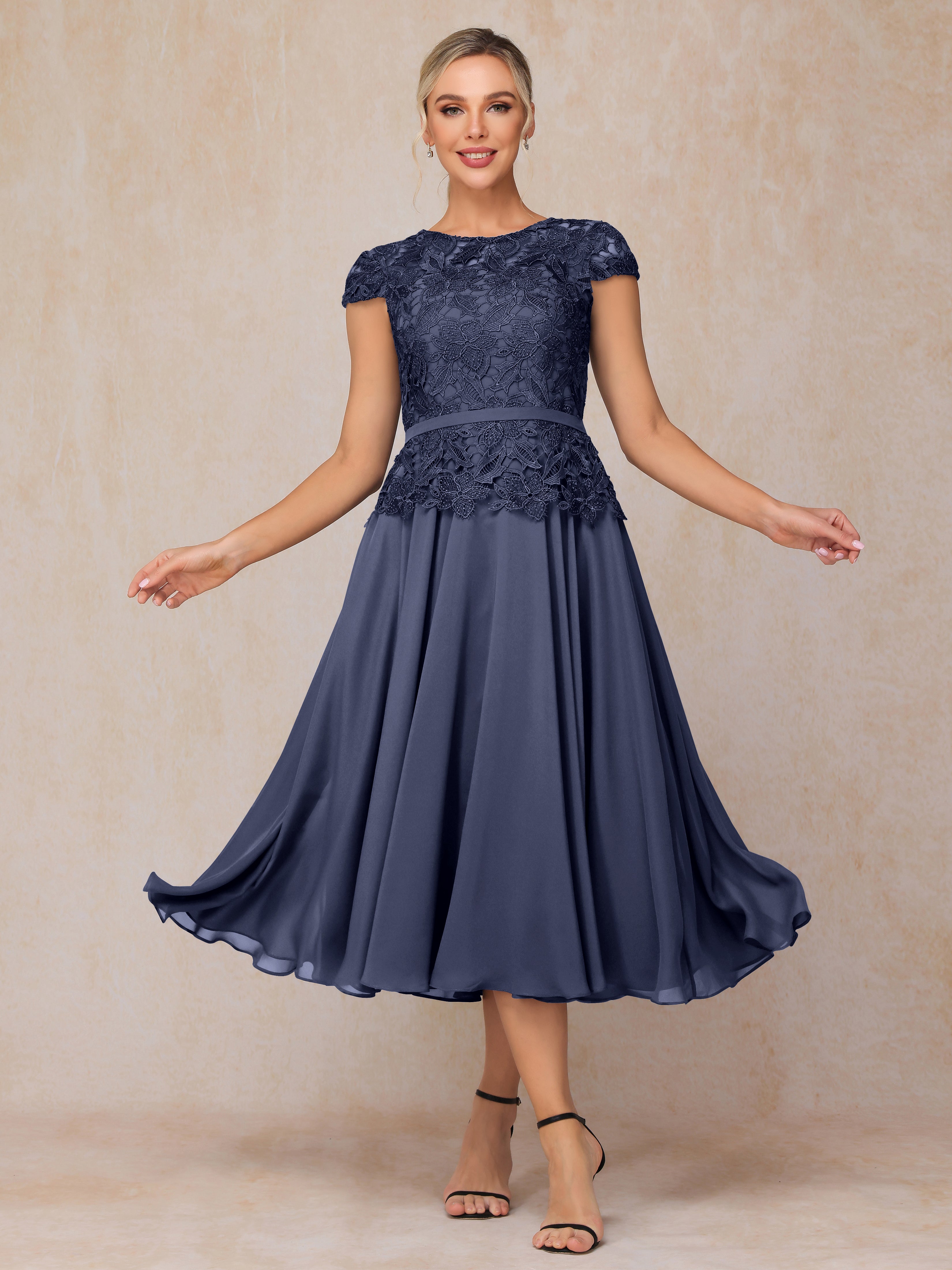 Cap Sleeves Tea Length Chiffon Mother Of The Bride Dress