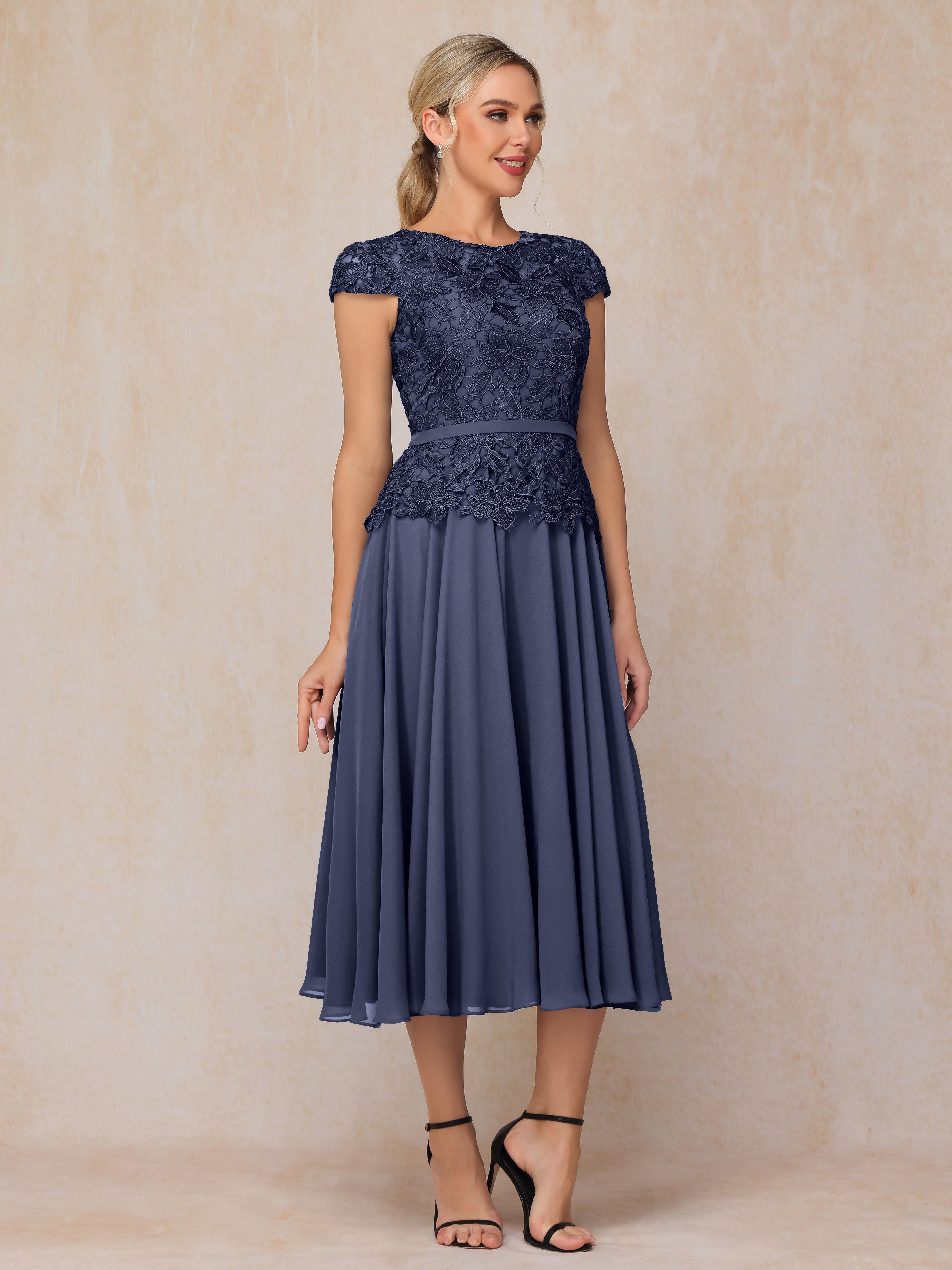 Cap Sleeves Tea Length Chiffon Mother Of The Bride Dress