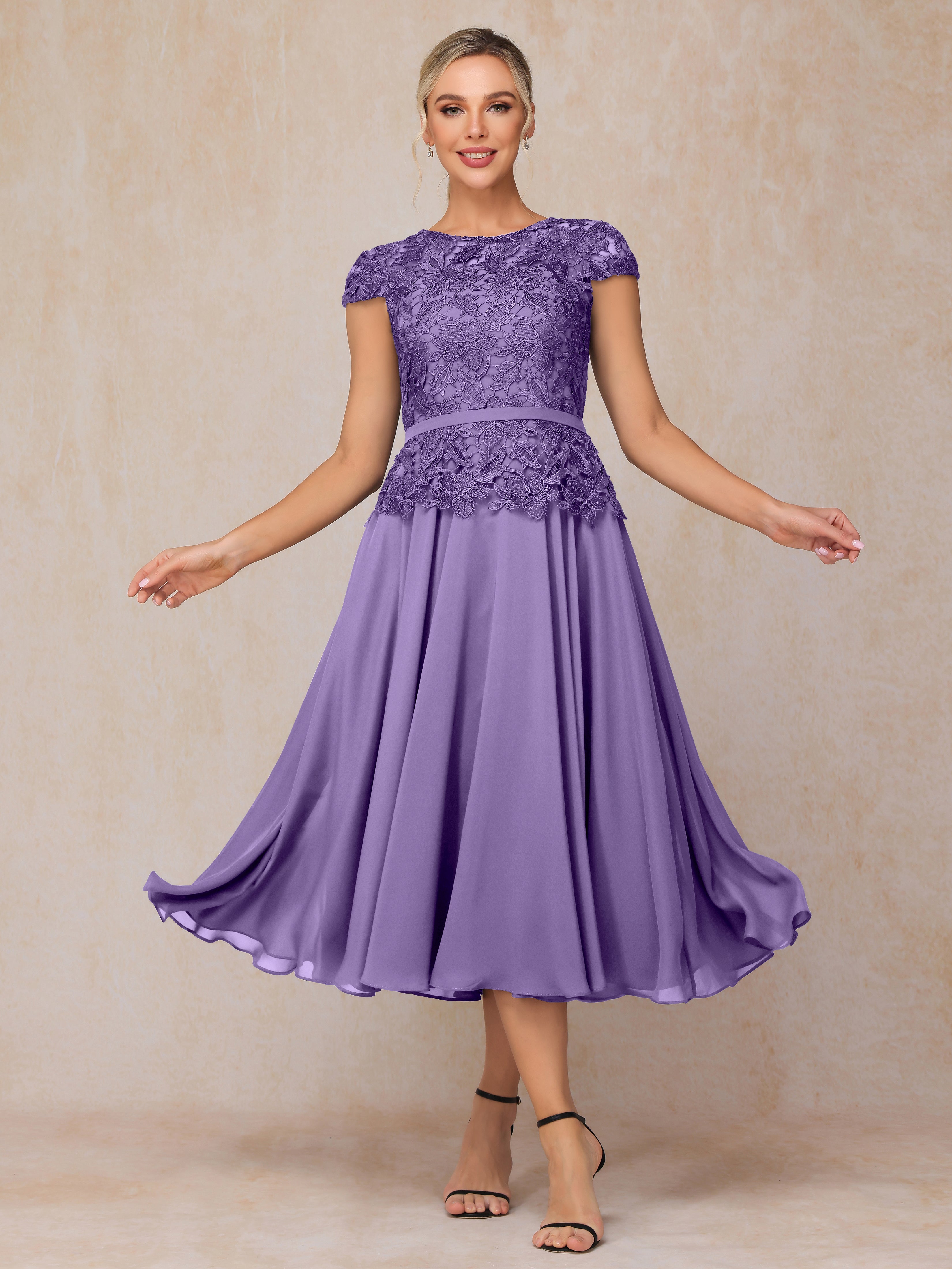 Cap Sleeves Tea Length Chiffon Mother Of The Bride Dress