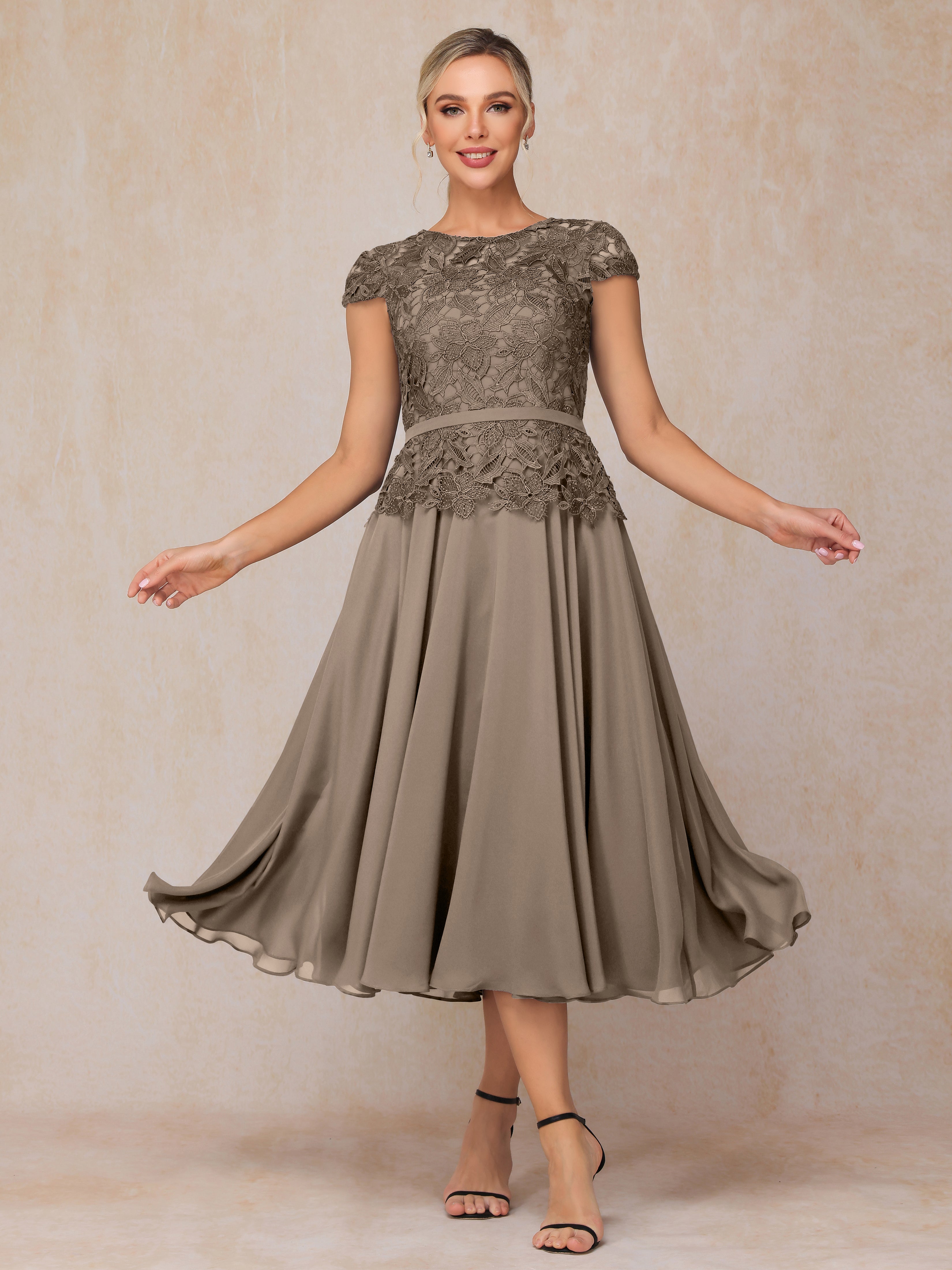 Cap Sleeves Tea Length Chiffon Mother Of The Groom Dress