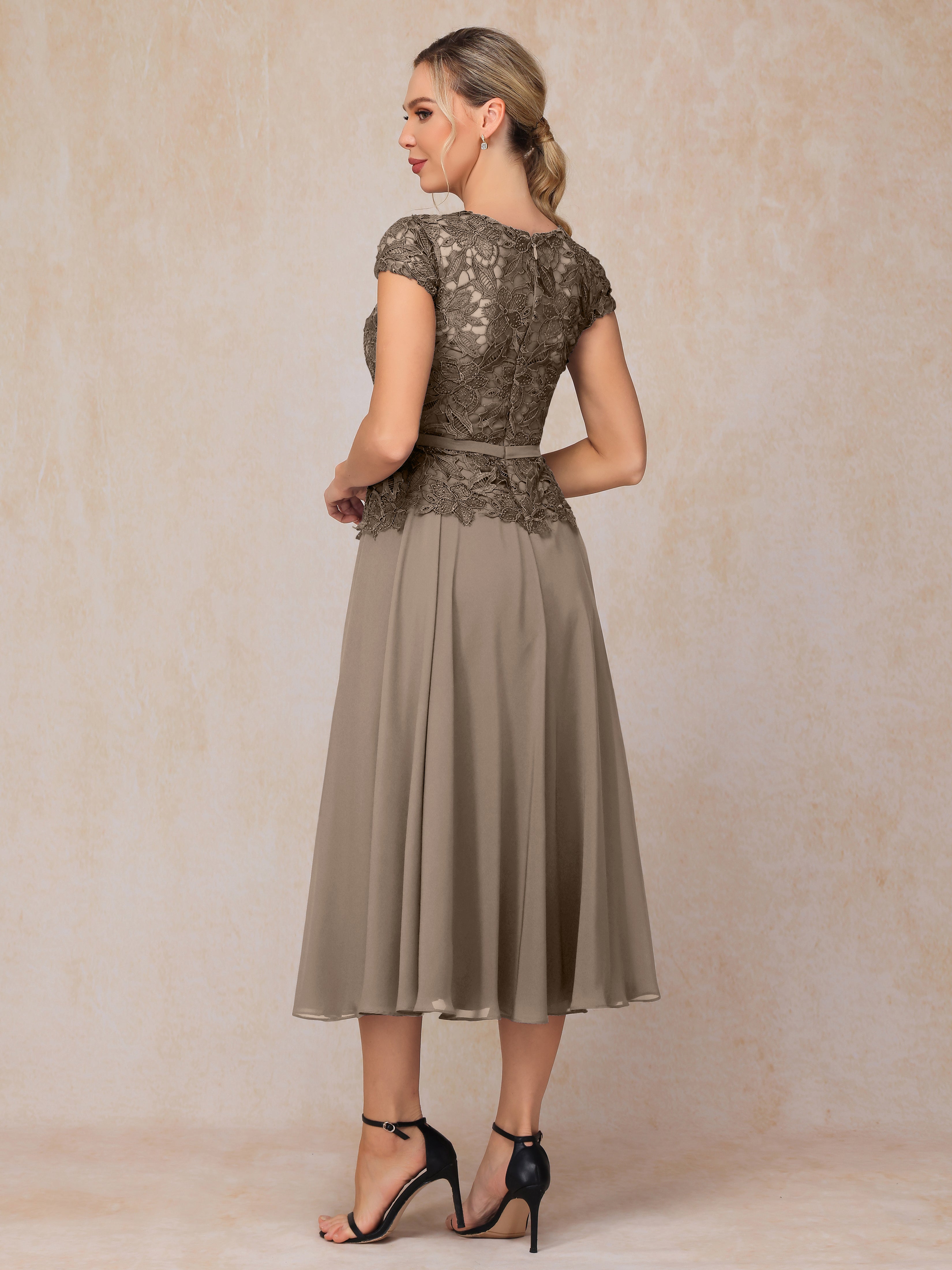 Cap Sleeves Tea Length Chiffon Mother Of The Groom Dress