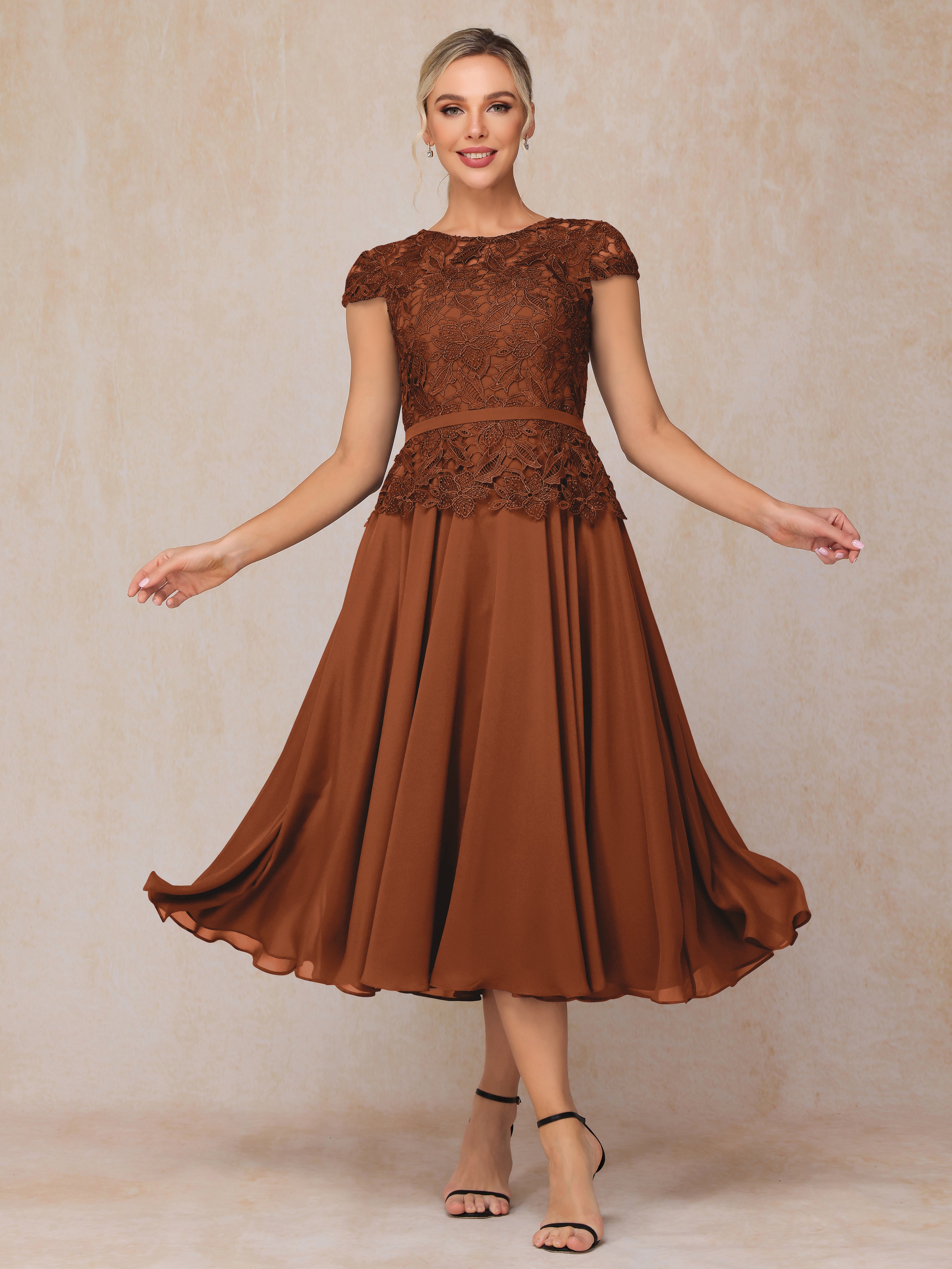 Cap Sleeves Tea Length Chiffon Mother Of The Bride Dress