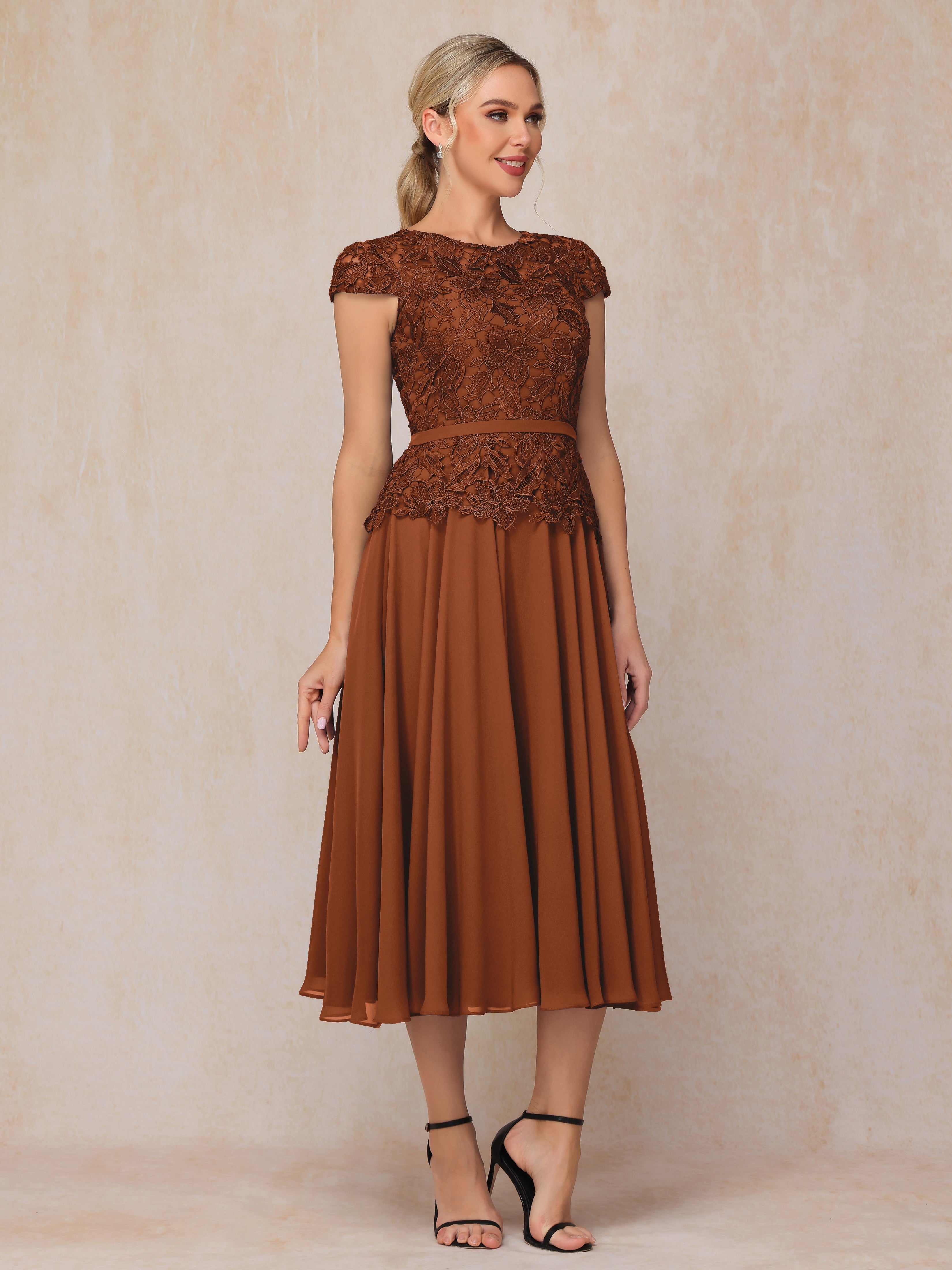 Cap Sleeves Tea Length Chiffon Mother Of The Groom Dress