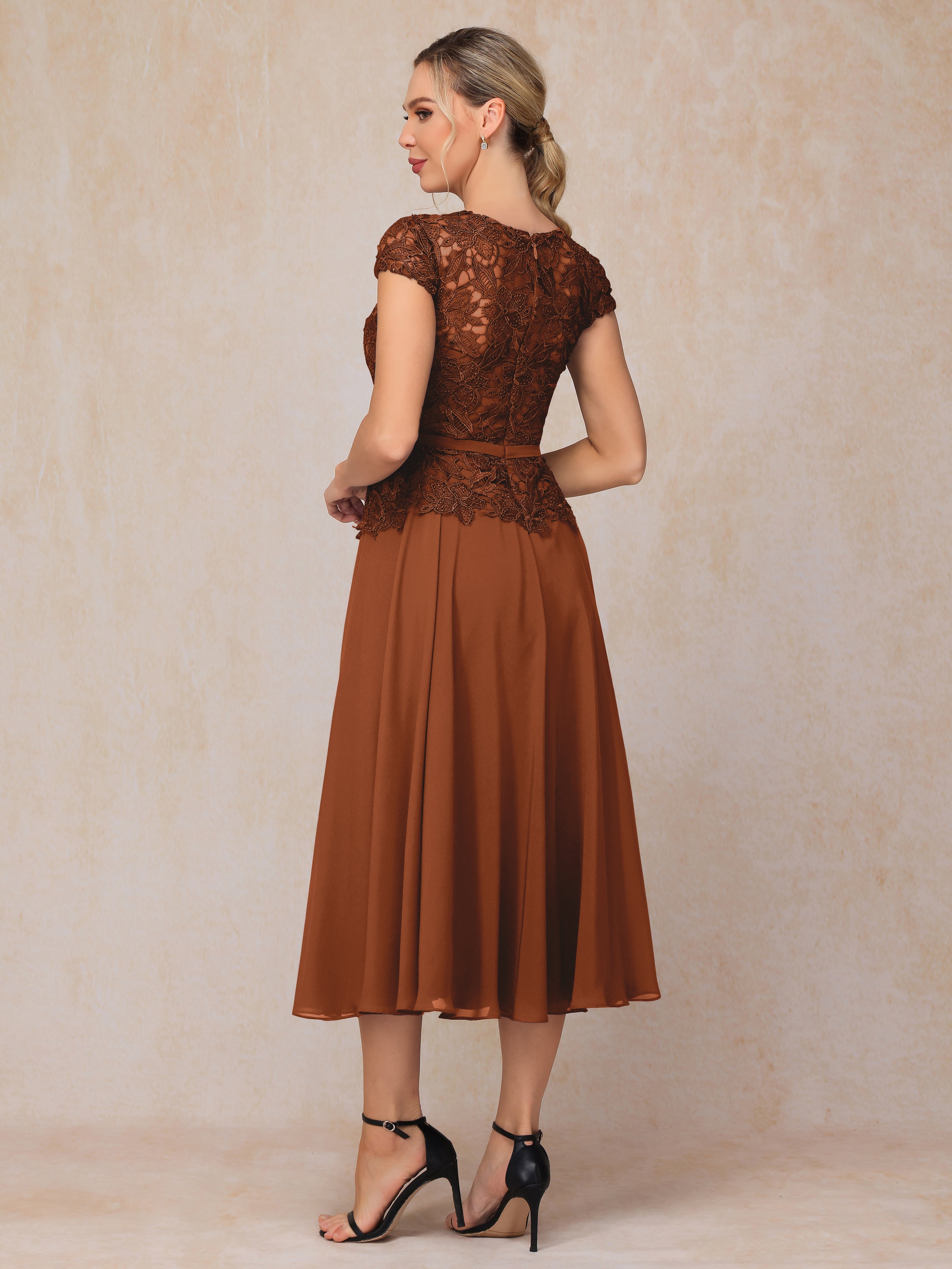 Cap Sleeves Tea Length Chiffon Mother Of The Groom Dress