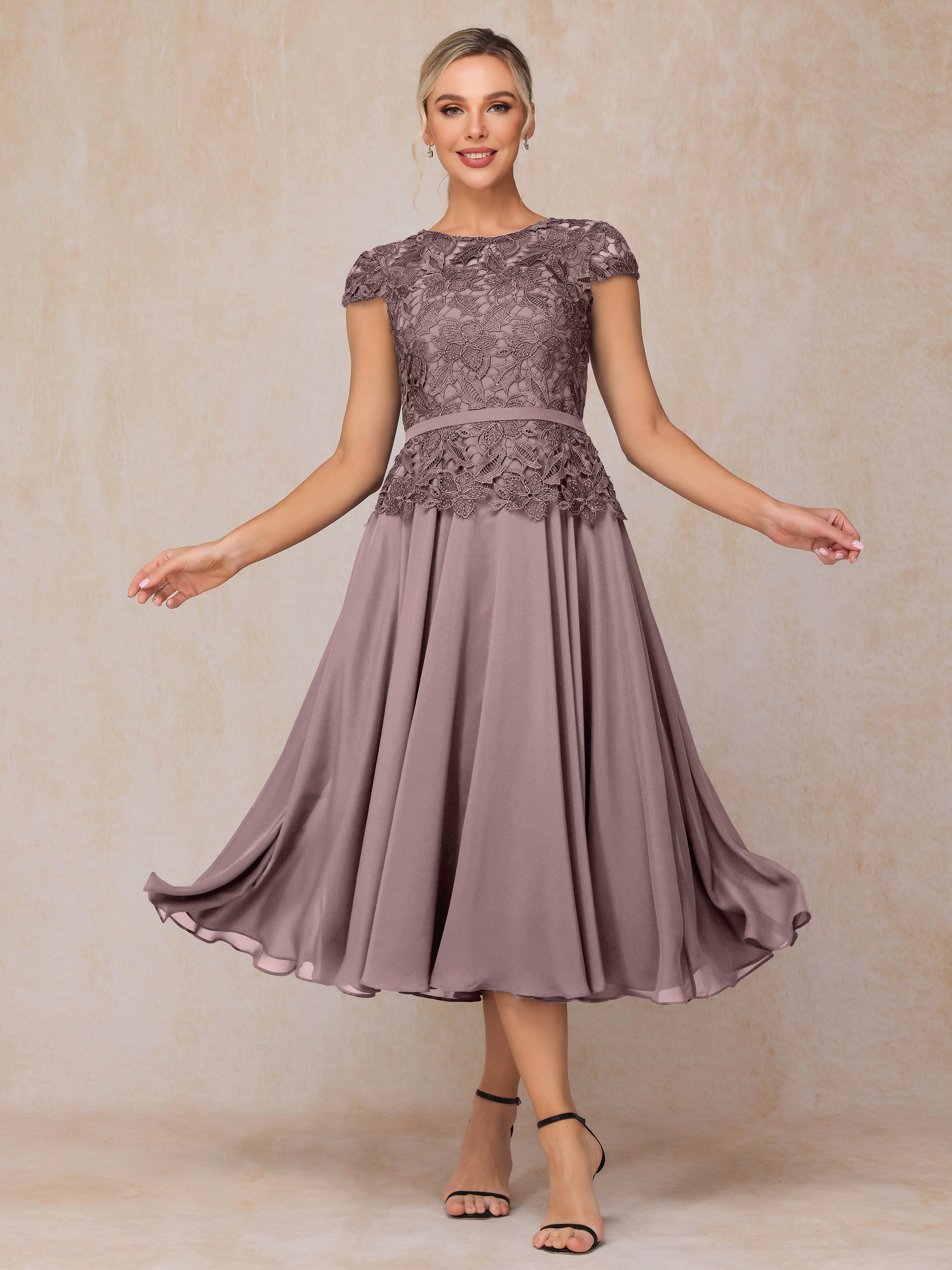 Cap Sleeves Tea Length Chiffon Mother Of The Bride Dress