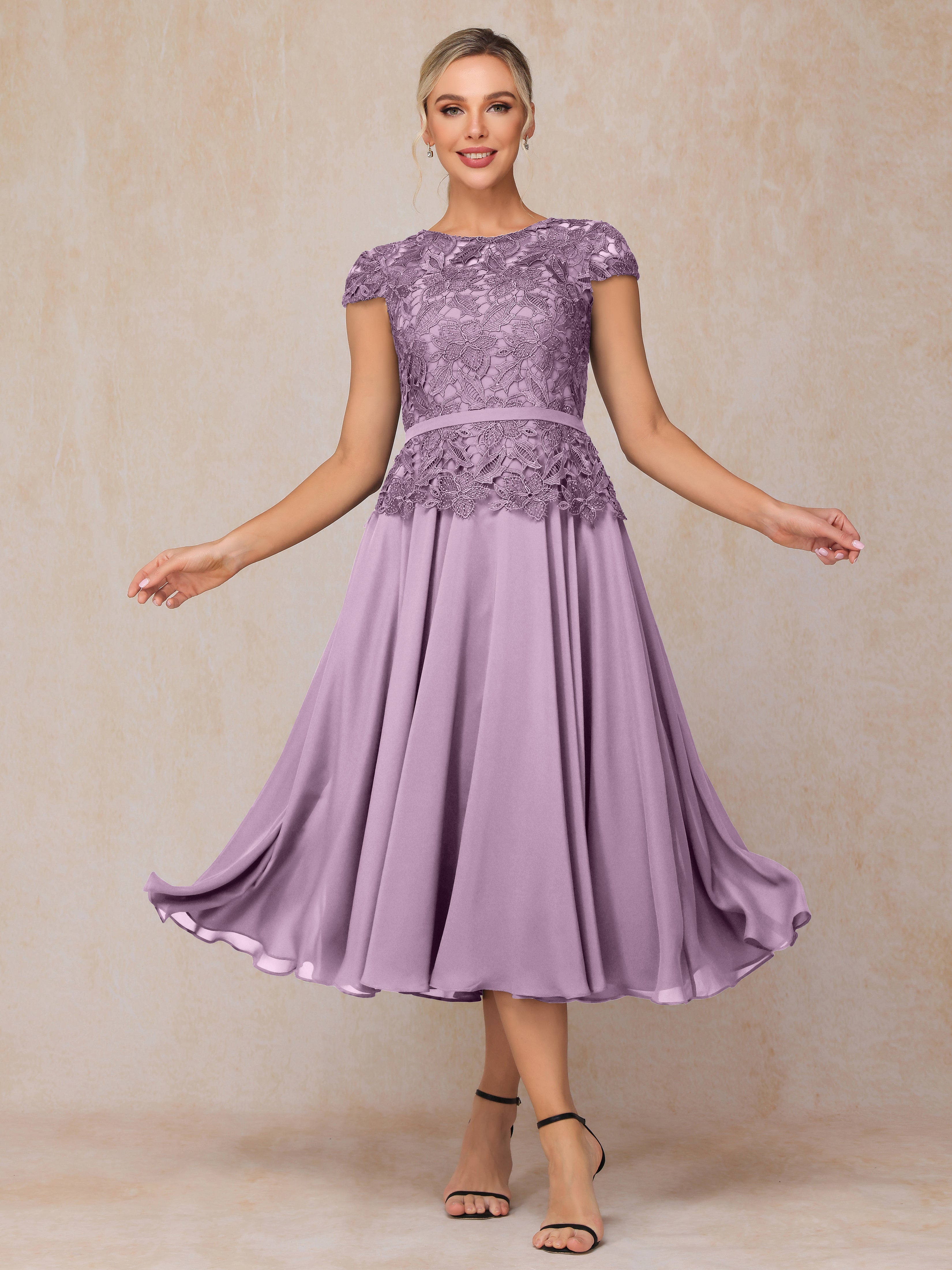 Cap Sleeves Tea Length Chiffon Mother Of The Bride Dress