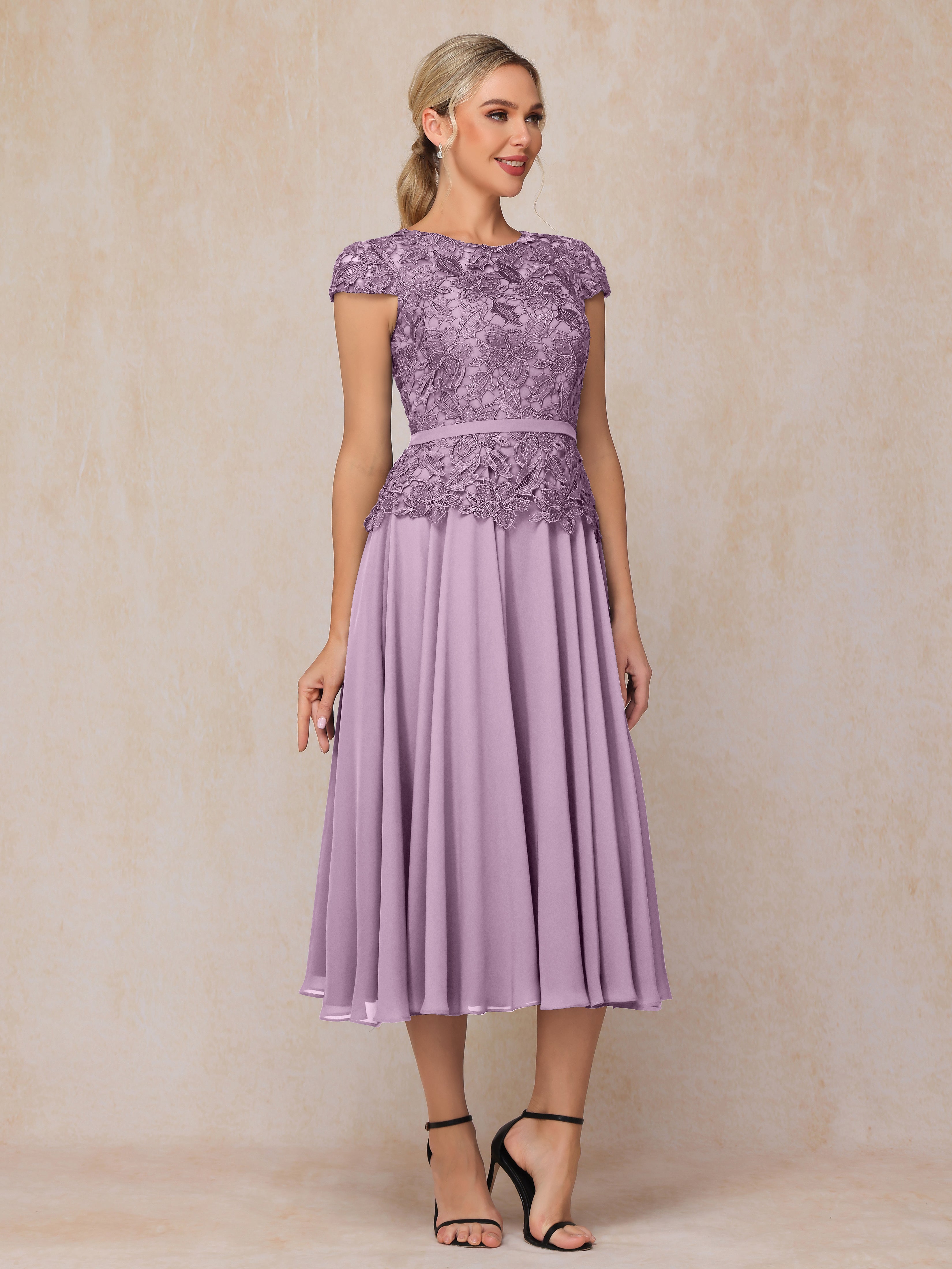 Cap Sleeves Tea Length Chiffon Mother Of The Bride Dress