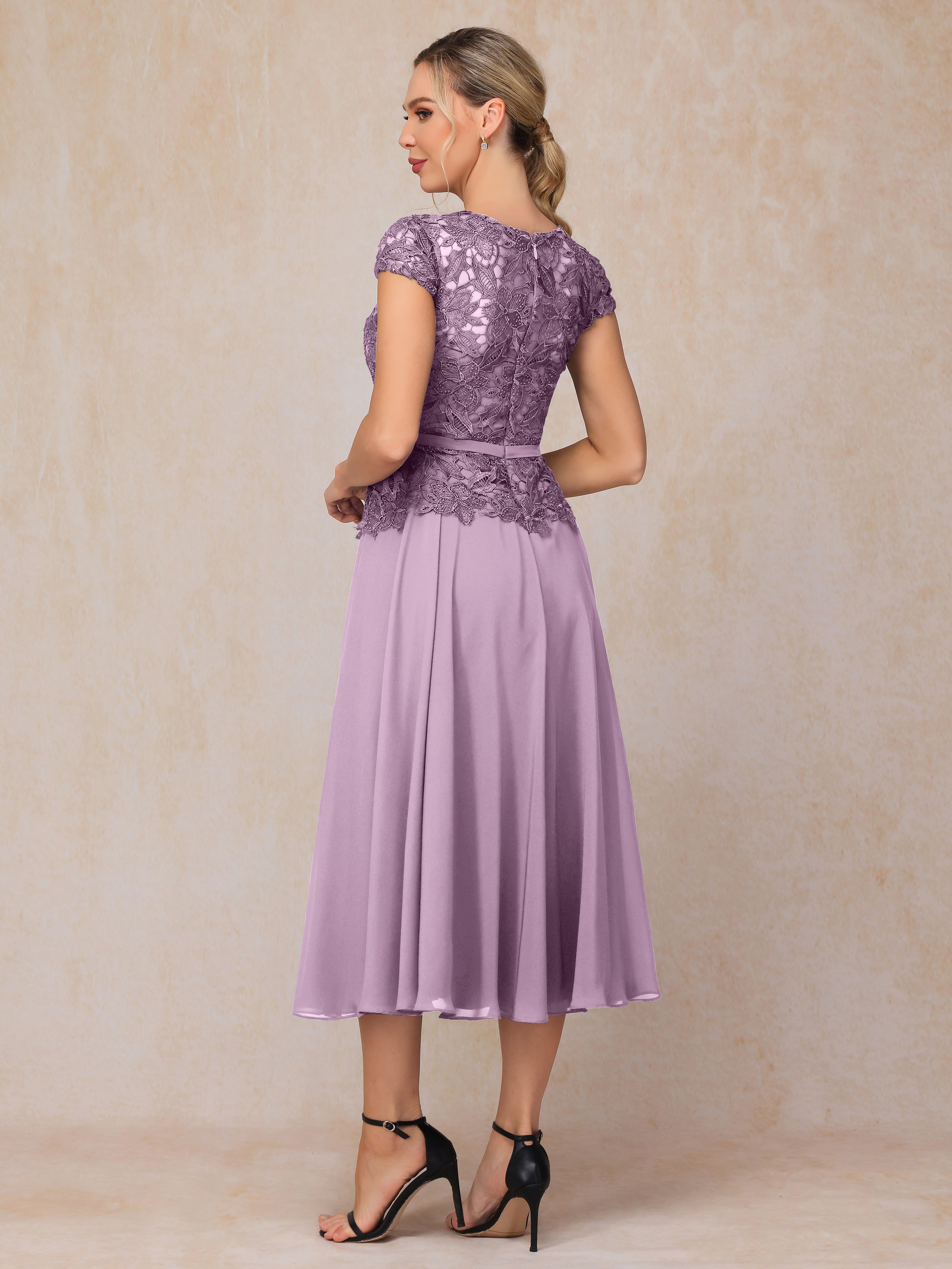 Cap Sleeves Tea Length Chiffon Mother Of The Bride Dress