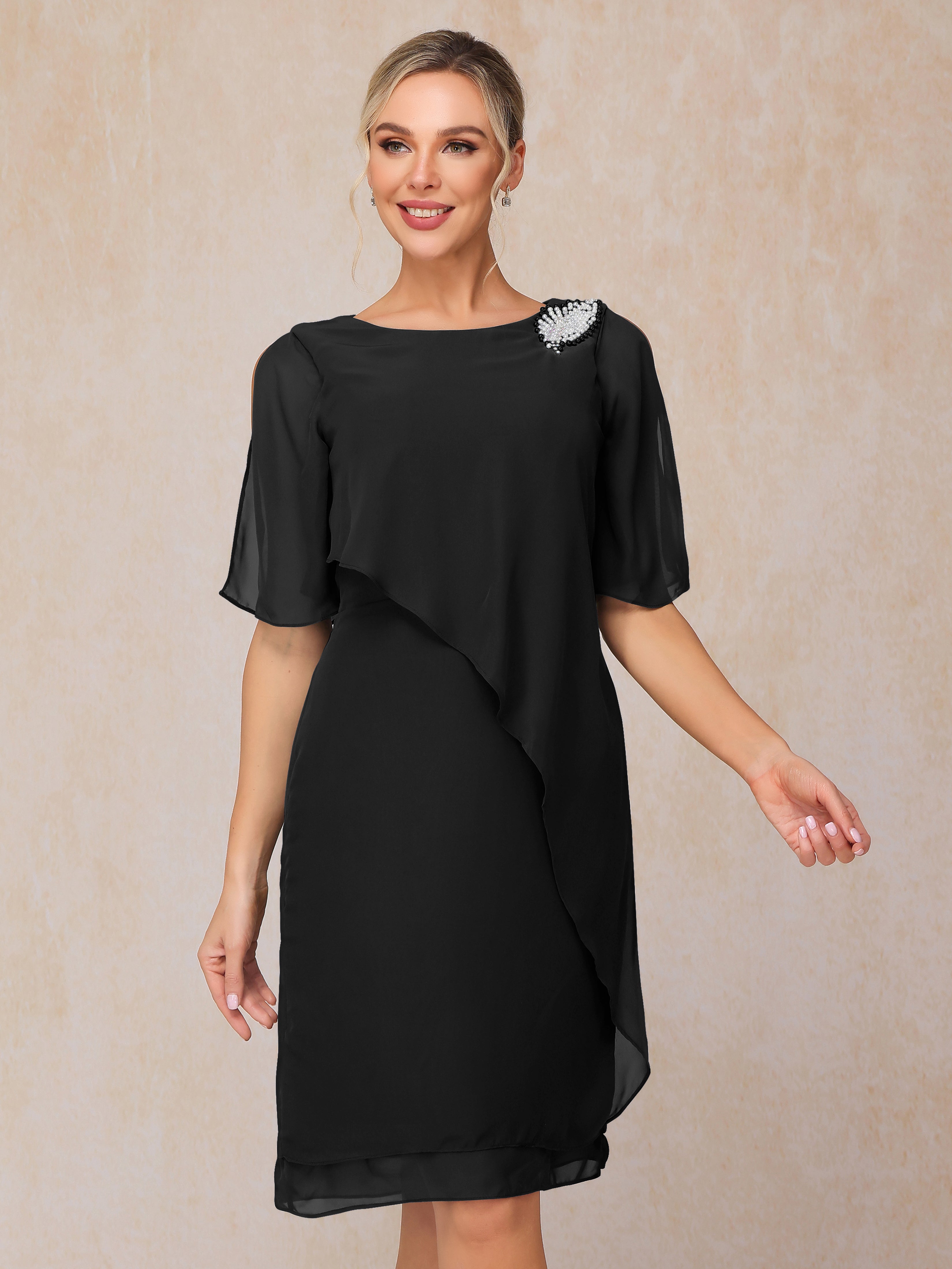Short Sleeves Beading Knee Length Chiffon Mother Of The Groom Dress