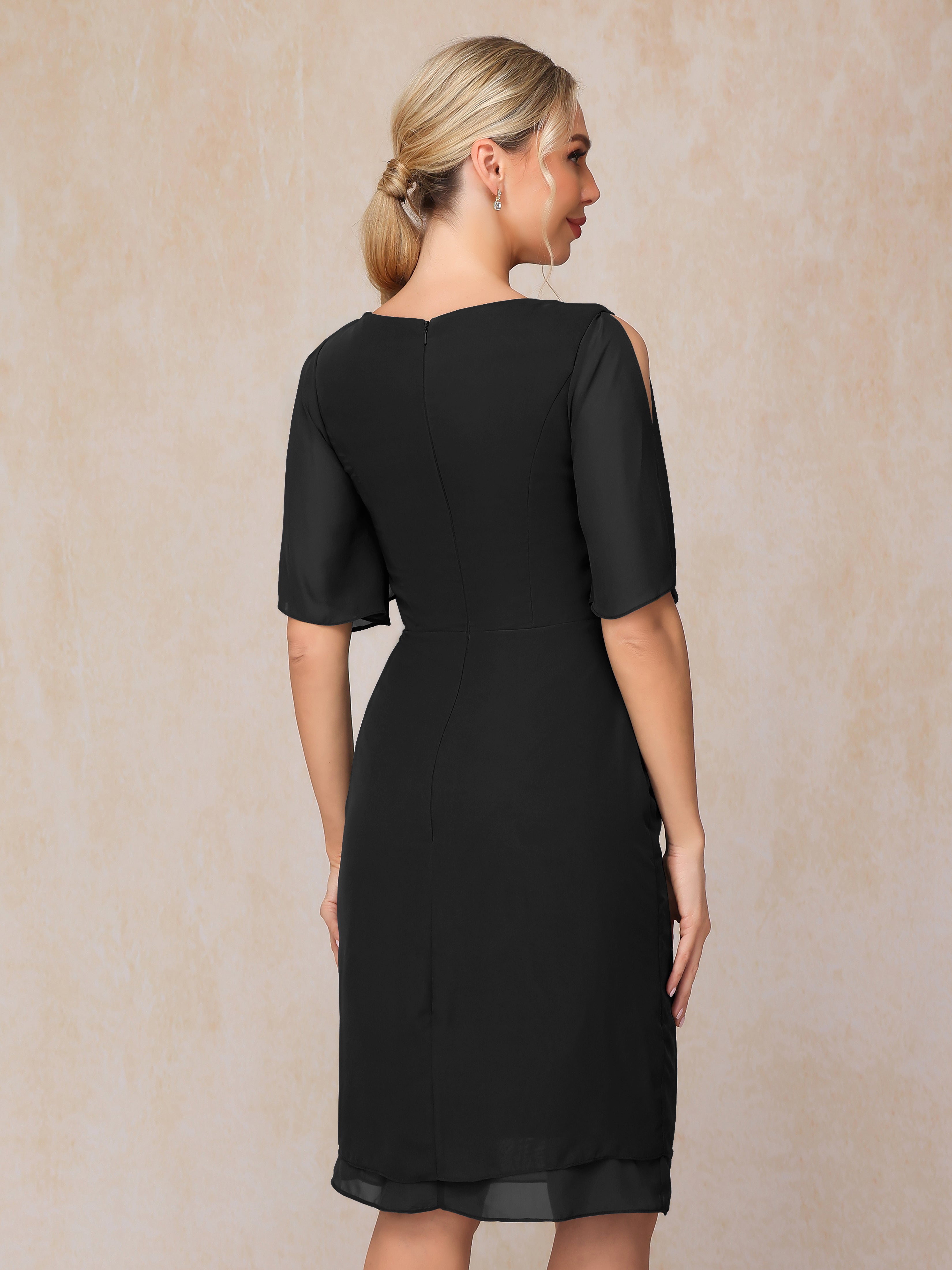 Short Sleeves Beading Knee Length Chiffon Mother Of The Groom Dress