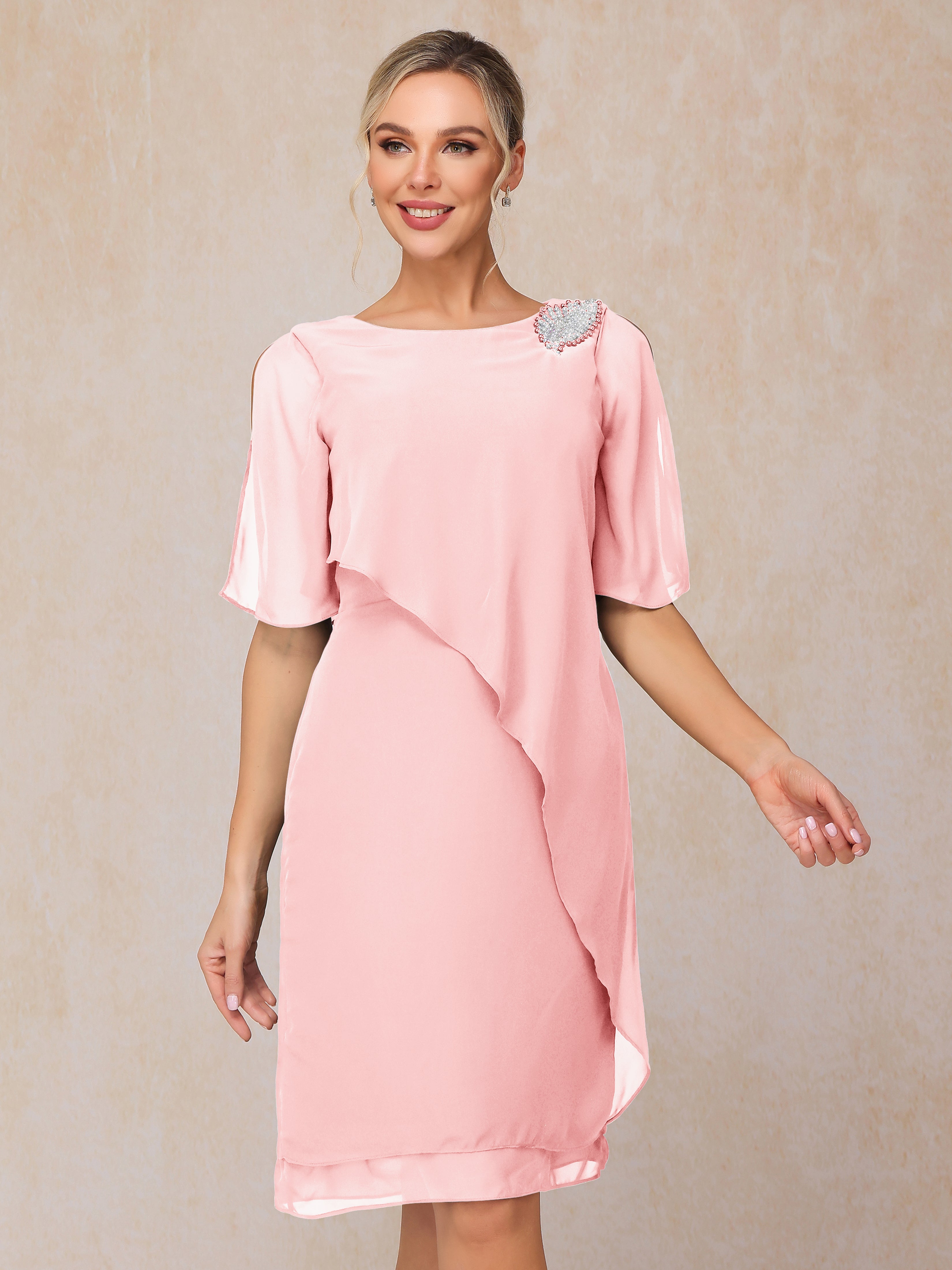 Short Sleeves Beading Knee Length Chiffon Mother Of The Groom Dress