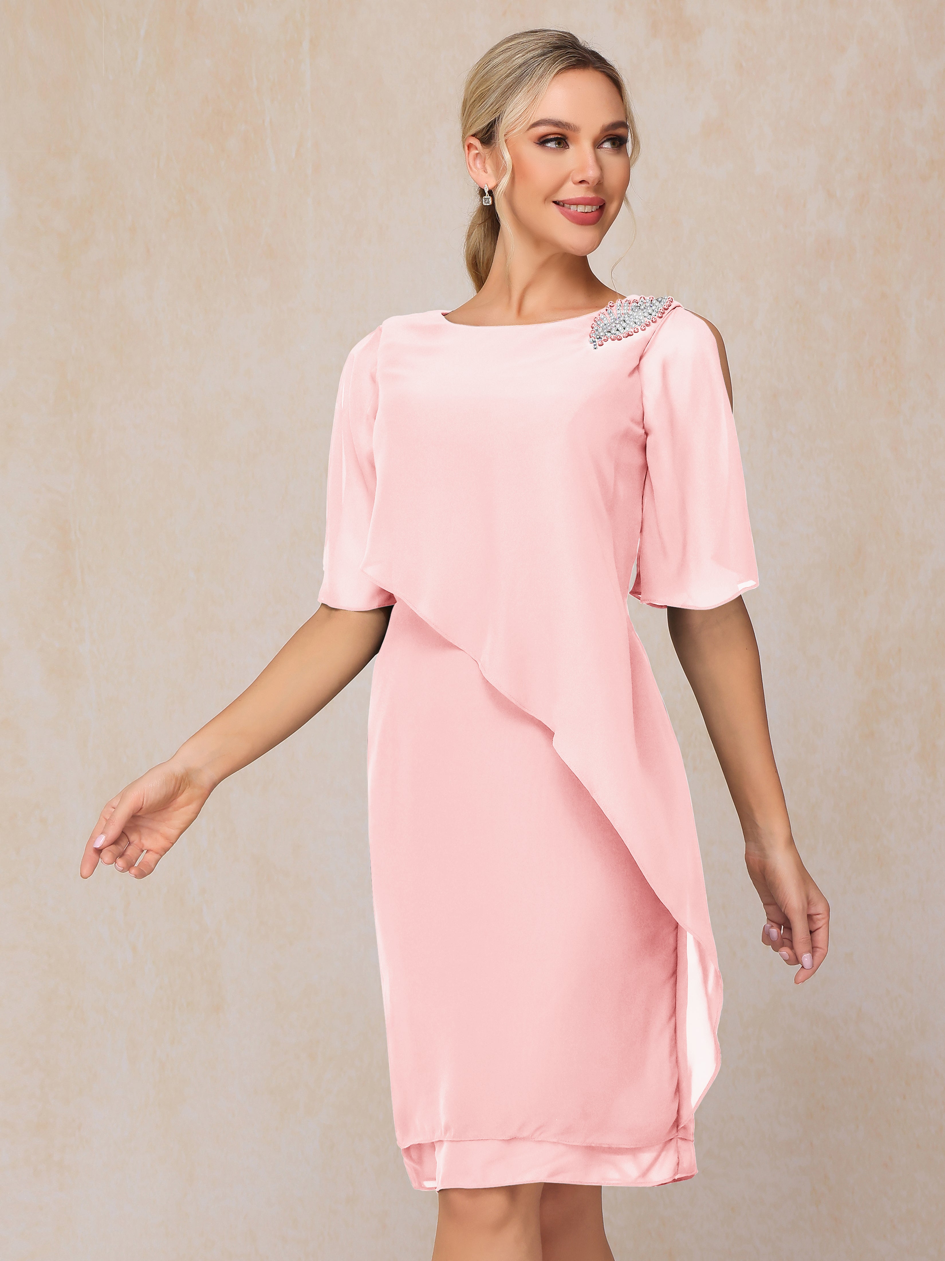 Short Sleeves Beading Knee Length Chiffon Mother Of The Groom Dress
